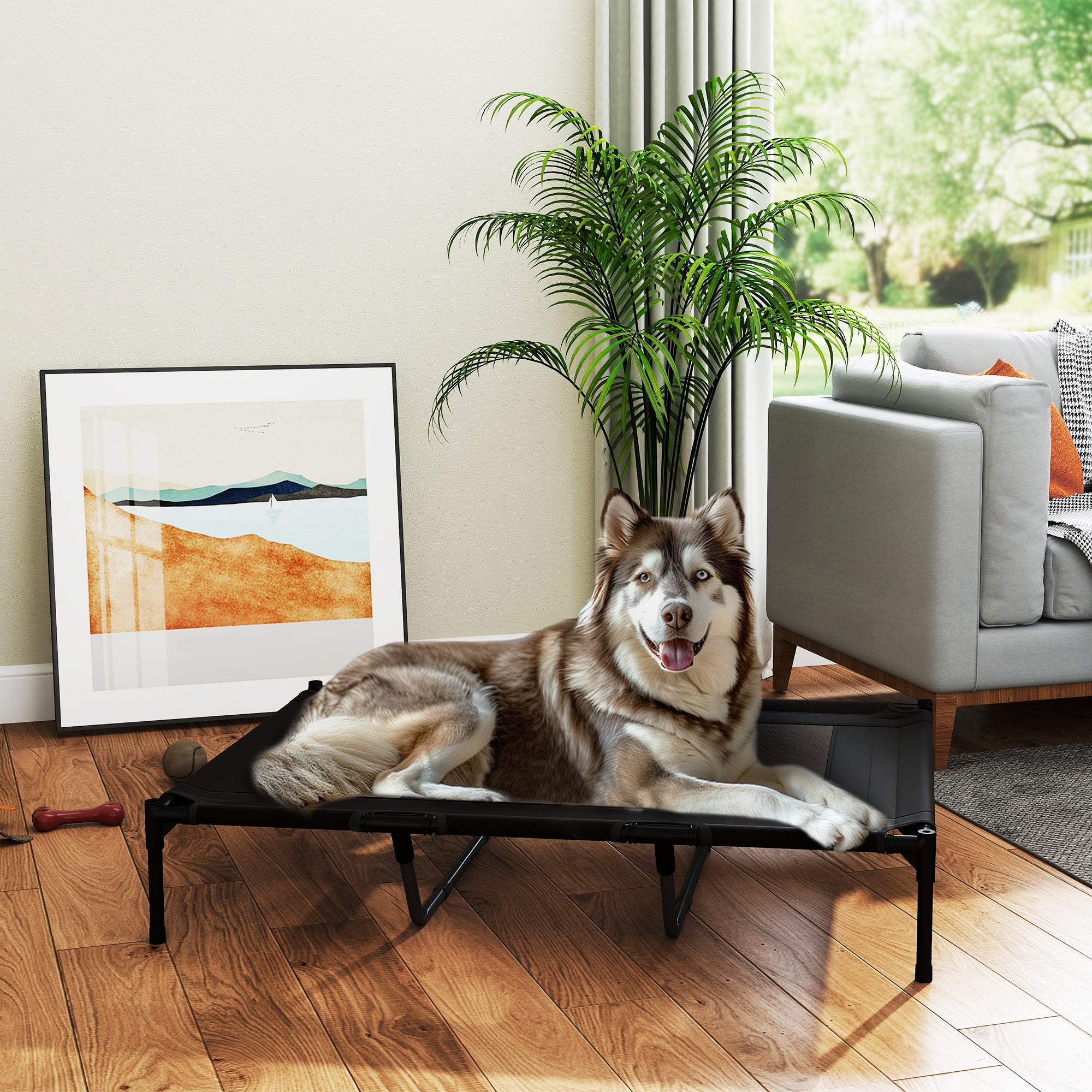 Portable Elevated Bed for Dogs Cats with Breathable Mesh Zone and Oxford Fabric for Indoor Outdoor 122x92x23 cm Black