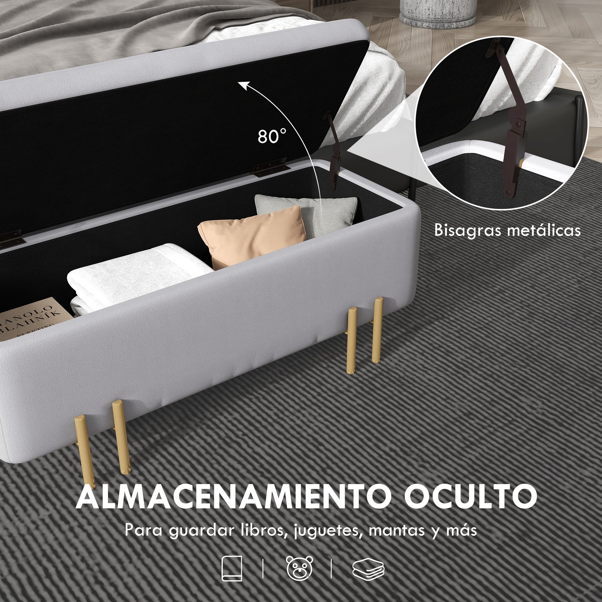 70L Storage Ottoman Upholstered Velvet Storage Bench with Metal Legs for Entryway Living Room 100x40x42 cm Light Grey
