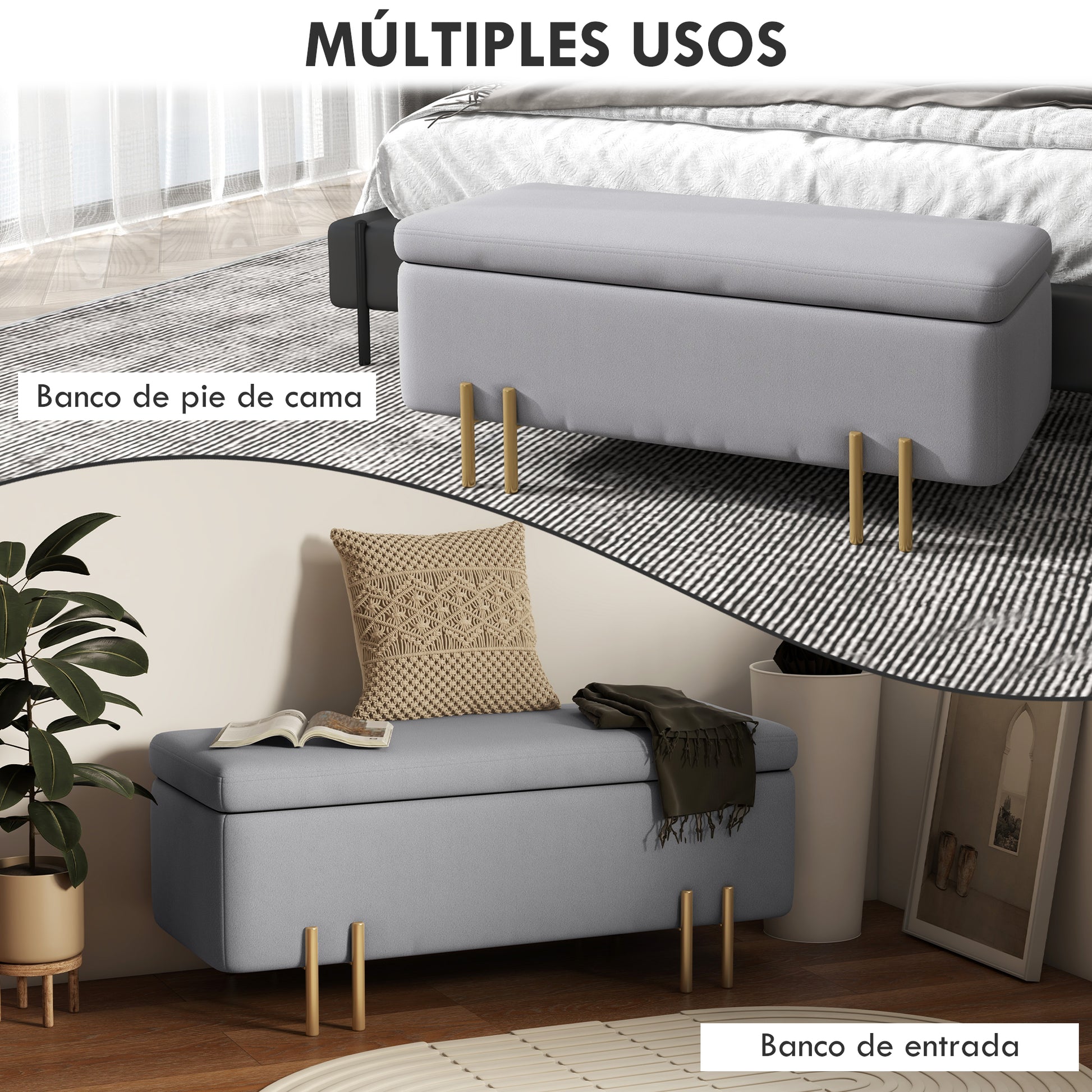 70L Storage Ottoman Upholstered Velvet Storage Bench with Metal Legs for Entryway Living Room 100x40x42 cm Light Grey