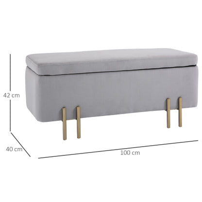70L Storage Ottoman Upholstered Velvet Storage Bench with Metal Legs for Entryway Living Room 100x40x42 cm Light Grey