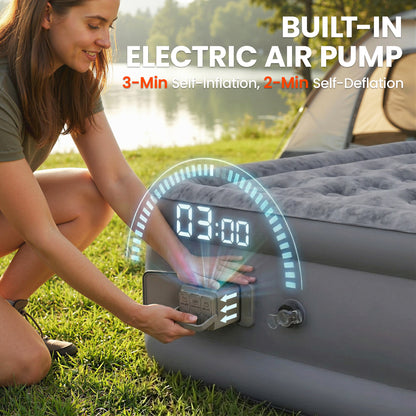 Self-Inflating Single Air Mattress with Built-In Electric Pump — Inflates in 3 Minutes, Flocked Surface, Waterproof Portable Guest Bed for Camping & Home (190 x 97 x 39 cm)