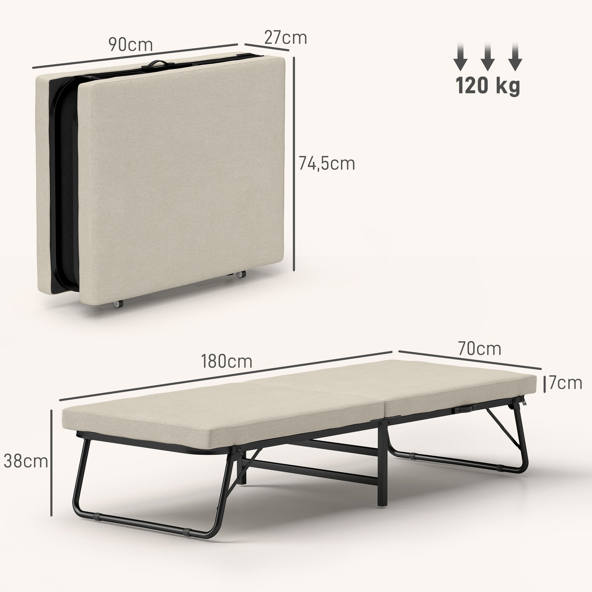 Folding Bed 70x180 cm with Foam Mattress Foldable Bed with Adjustable Backrest in 5 Positions and Wheels Guest Bed Load 120 kg Cream