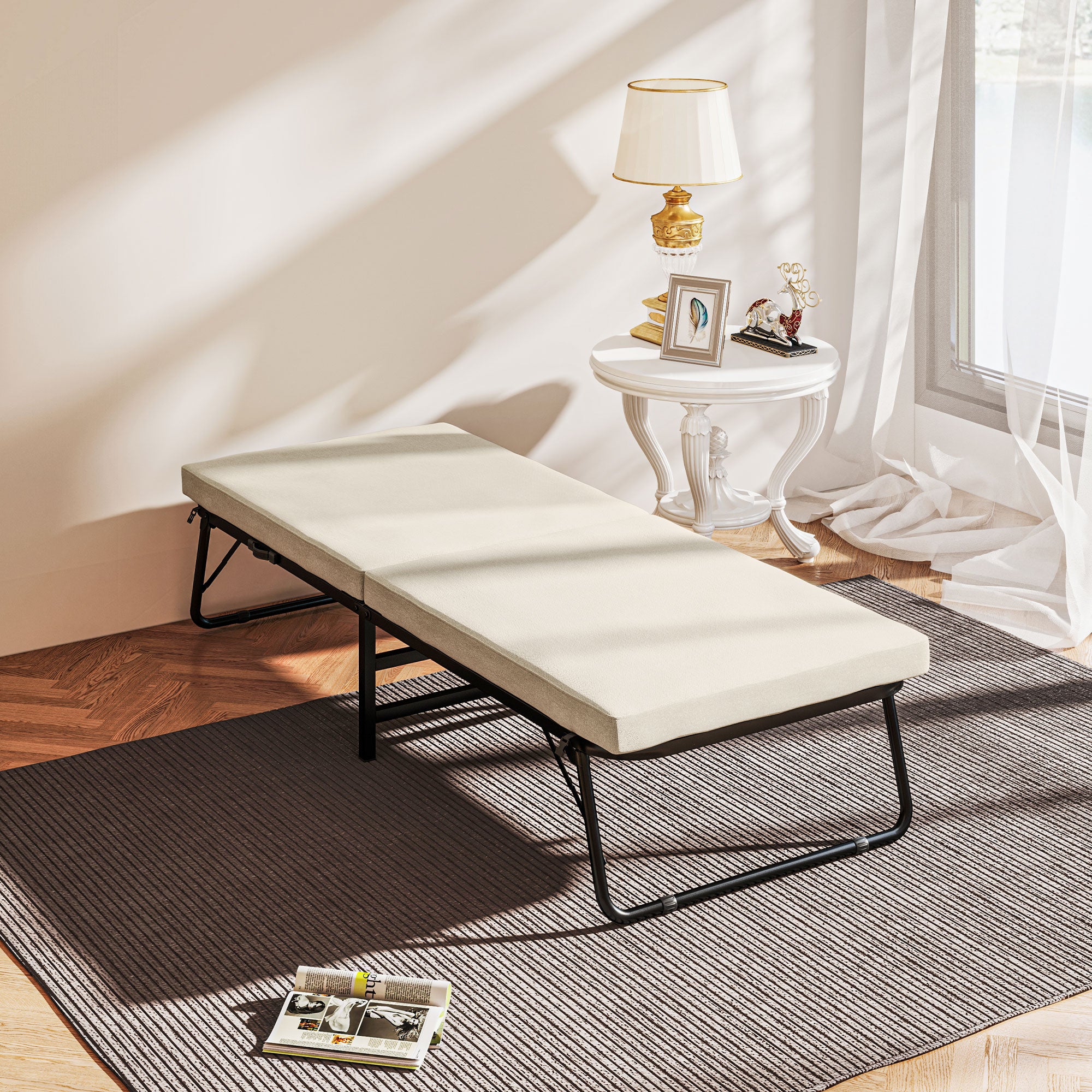Folding Bed 70x180 cm with Foam Mattress Foldable Bed with Adjustable Backrest in 5 Positions and Wheels Guest Bed Load 120 kg Cream