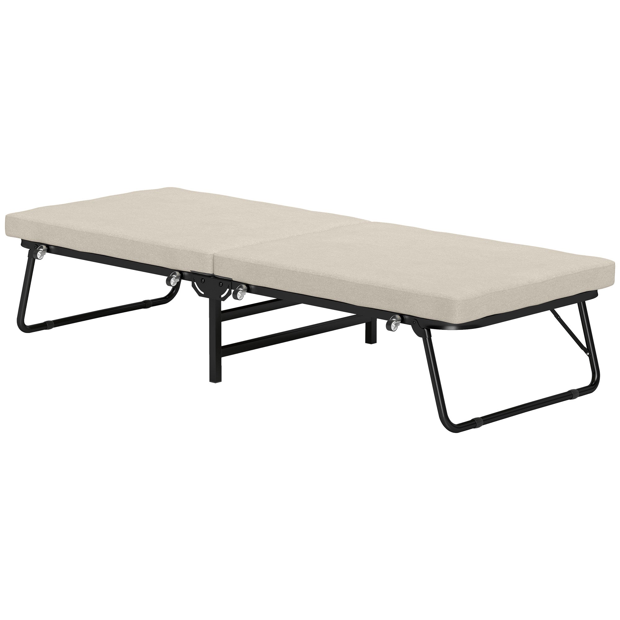 Folding Bed 70x180 cm with Foam Mattress Foldable Bed with Adjustable Backrest in 5 Positions and Wheels Guest Bed Load 120 kg Cream