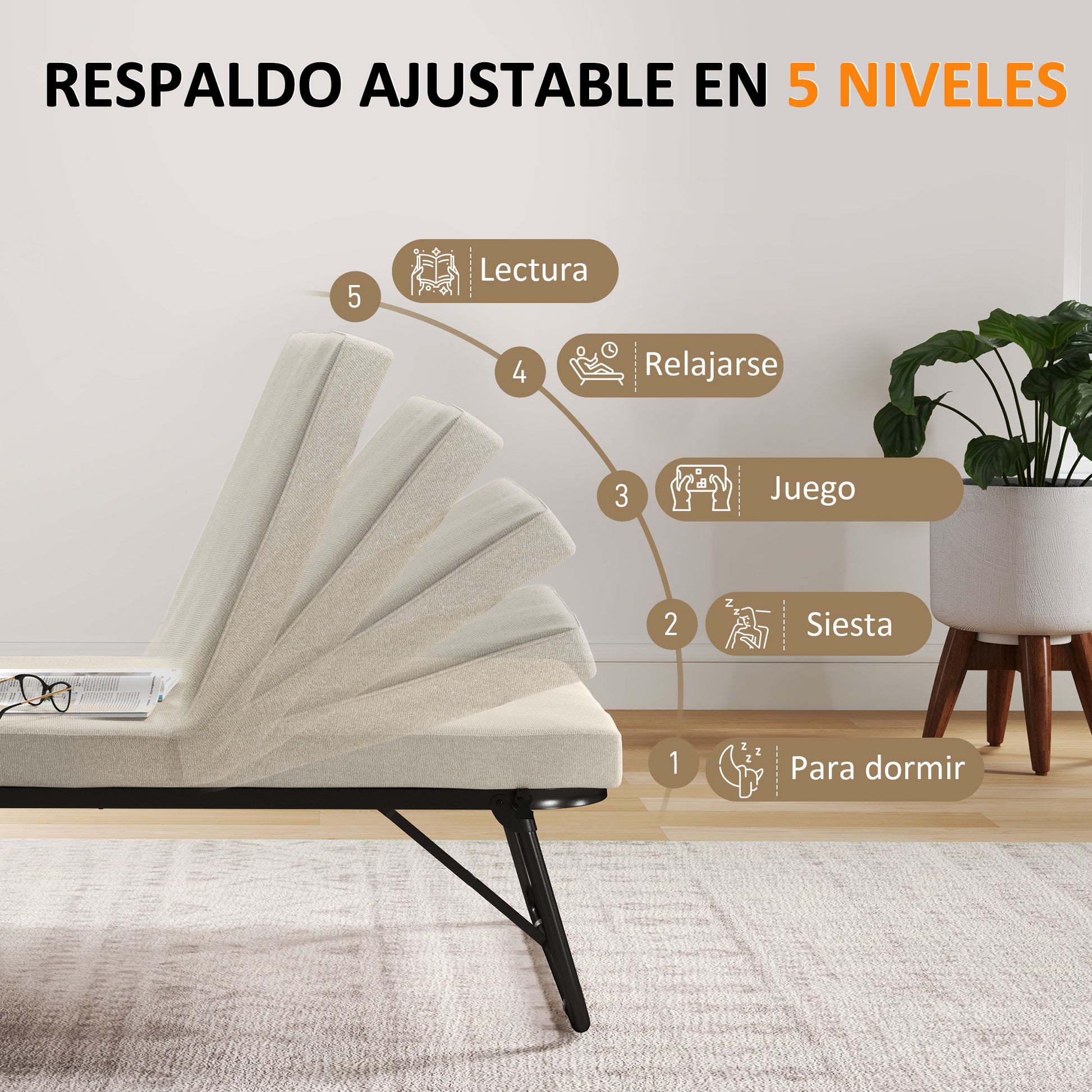 Folding Bed 70x180 cm with Foam Mattress Foldable Bed with Adjustable Backrest in 5 Positions and Wheels Guest Bed Load 120 kg Cream
