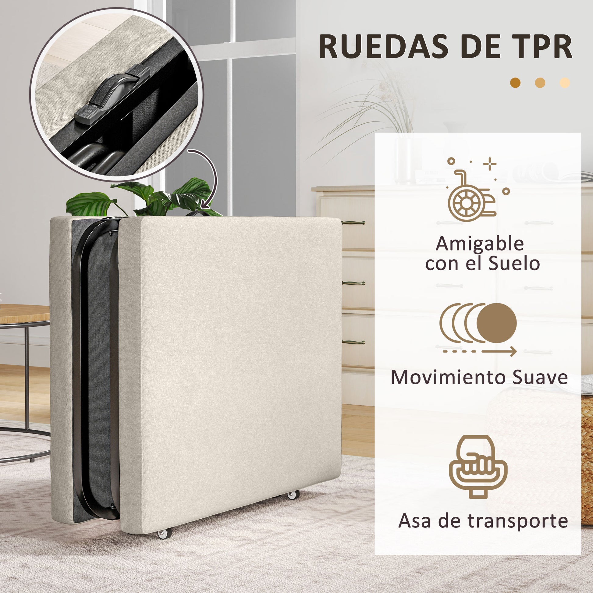 Folding Bed 70x180 cm with Foam Mattress Foldable Bed with Adjustable Backrest in 5 Positions and Wheels Guest Bed Load 120 kg Cream