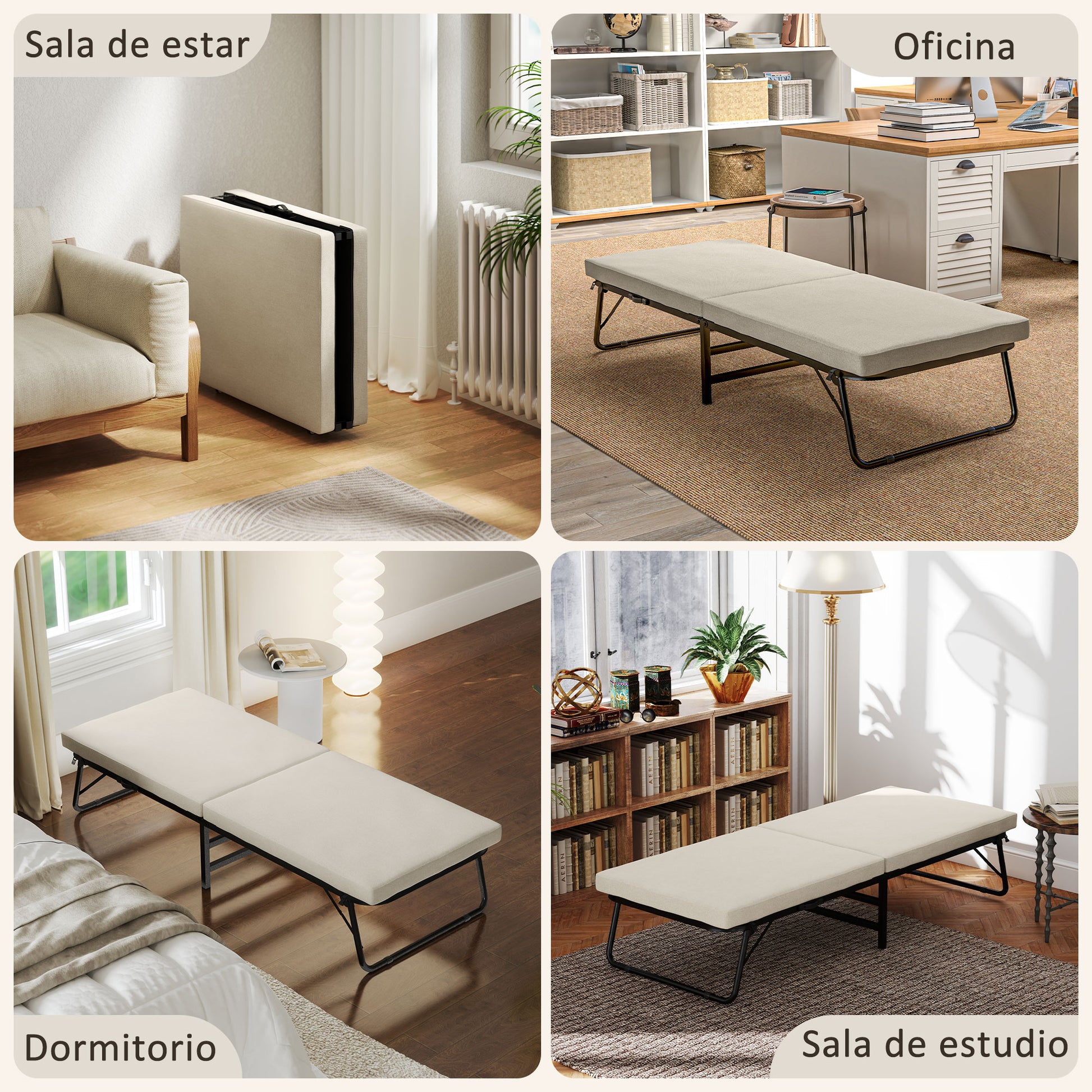 Folding Bed 70x180 cm with Foam Mattress Foldable Bed with Adjustable Backrest in 5 Positions and Wheels Guest Bed Load 120 kg Cream
