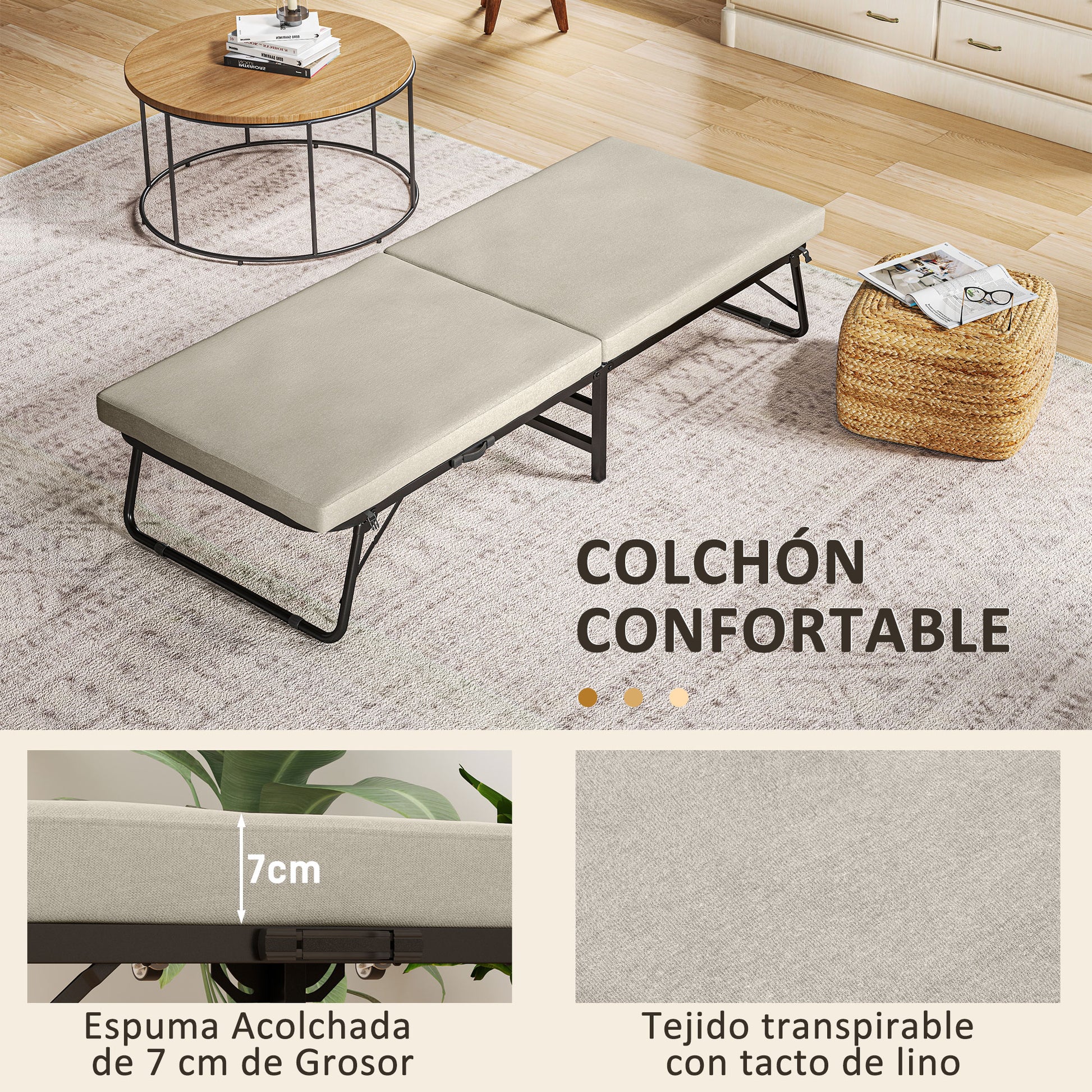 Folding Bed 70x180 cm with Foam Mattress Foldable Bed with Adjustable Backrest in 5 Positions and Wheels Guest Bed Load 120 kg Cream