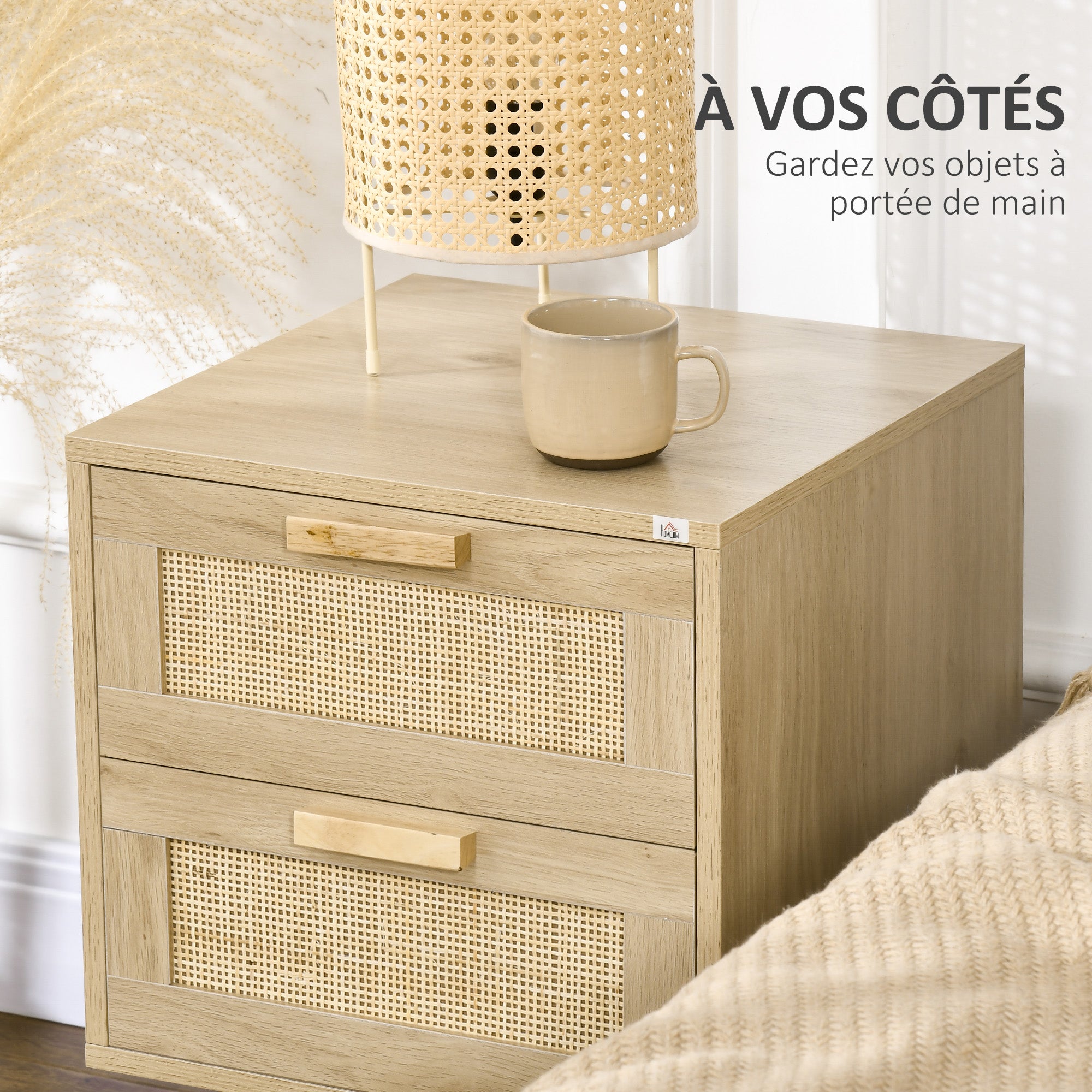 Set of 2 Bedside Tables, Side Tables, 2 Drawers with Rattan-Style Fronts, Bohemian Style, Nightstands, Natural Pine Wood Legs