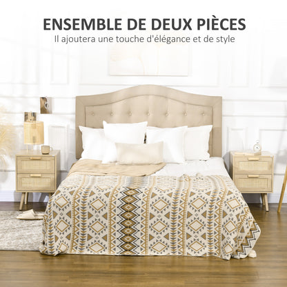 Set of 2 Bedside Tables, Side Tables, 2 Drawers with Rattan-Style Fronts, Bohemian Style, Nightstands, Natural Pine Wood Legs