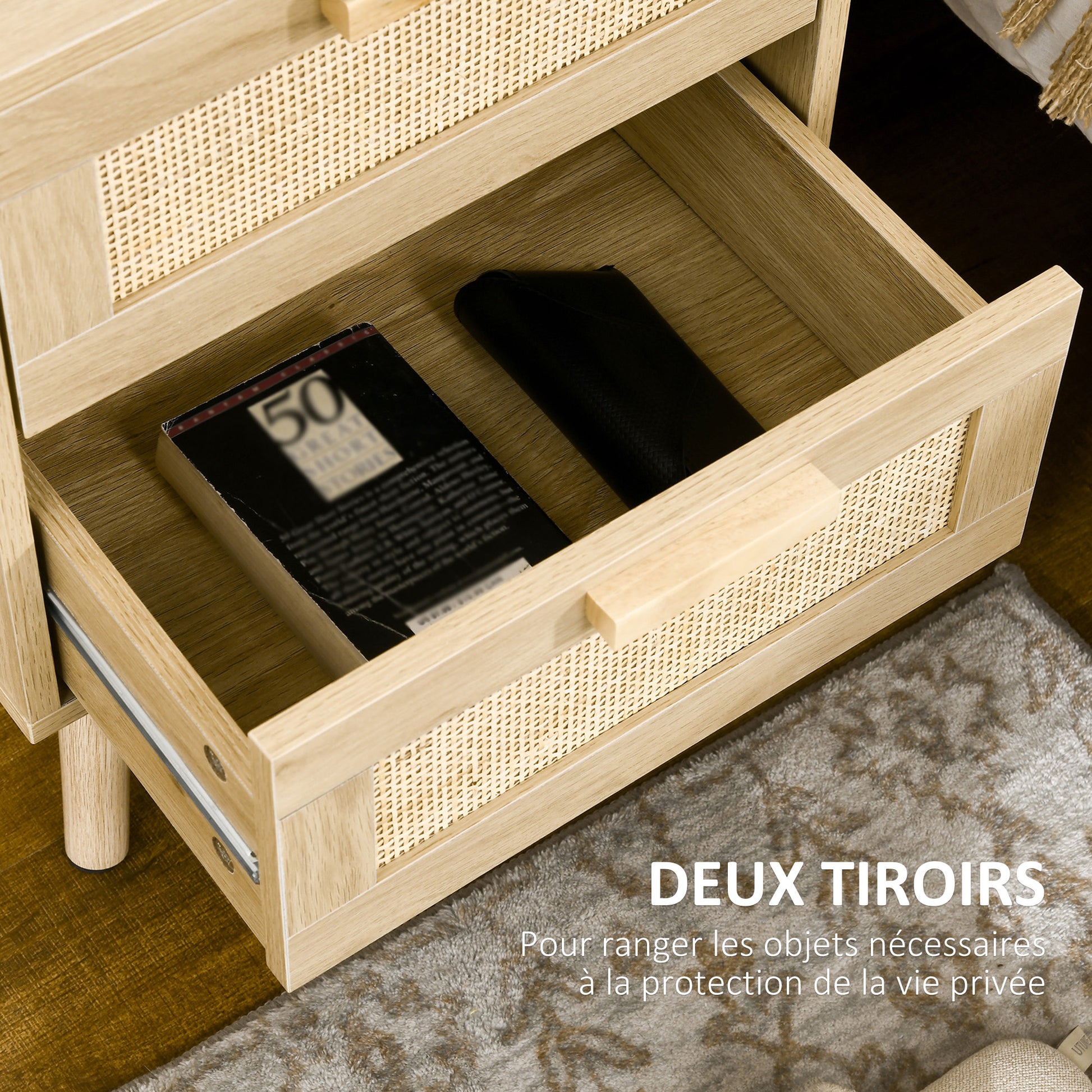 Set of 2 Bedside Tables, Side Tables, 2 Drawers with Rattan-Style Fronts, Bohemian Style, Nightstands, Natural Pine Wood Legs