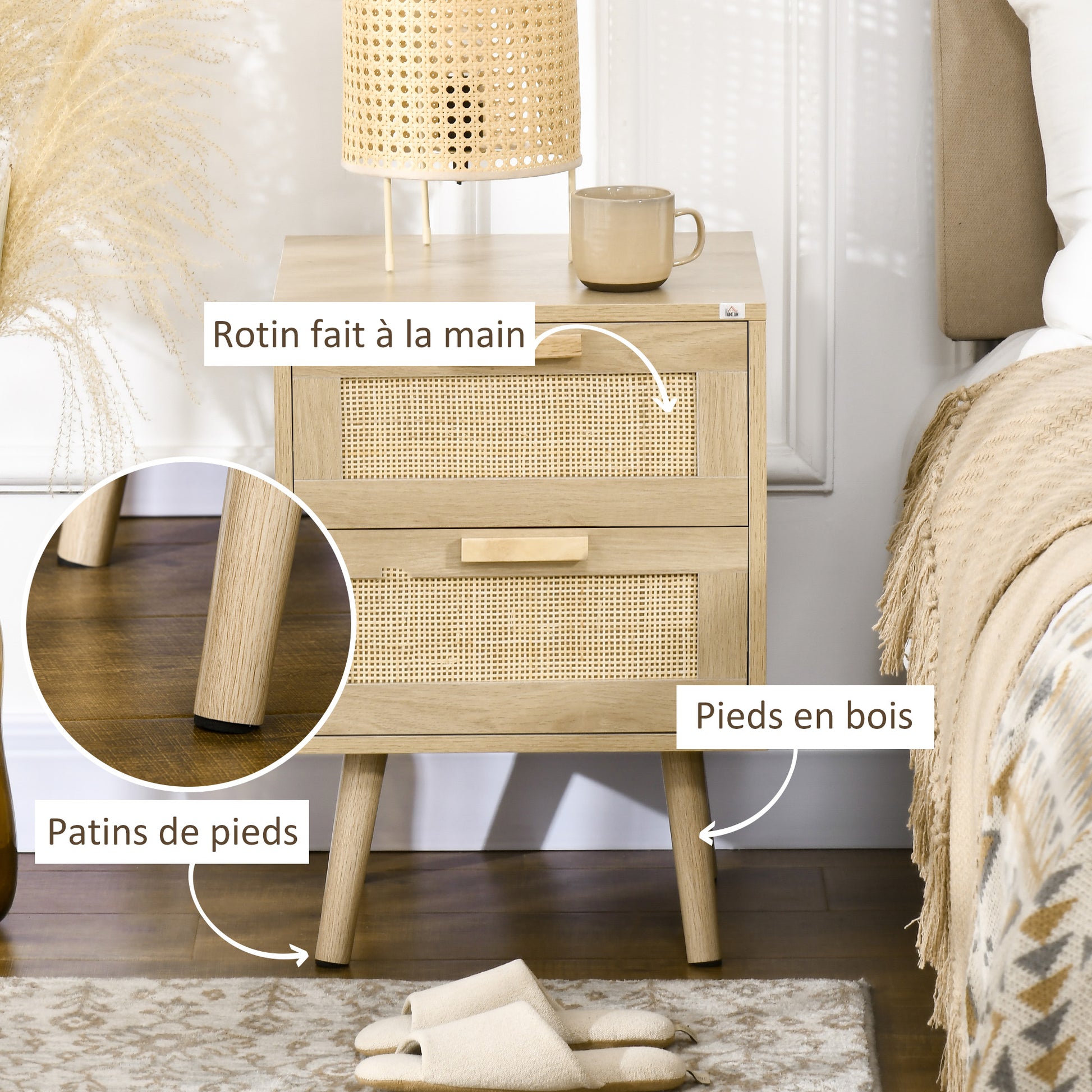 Set of 2 Bedside Tables, Side Tables, 2 Drawers with Rattan-Style Fronts, Bohemian Style, Nightstands, Natural Pine Wood Legs