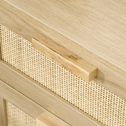 Set of 2 Bedside Tables, Side Tables, 2 Drawers with Rattan-Style Fronts, Bohemian Style, Nightstands, Natural Pine Wood Legs