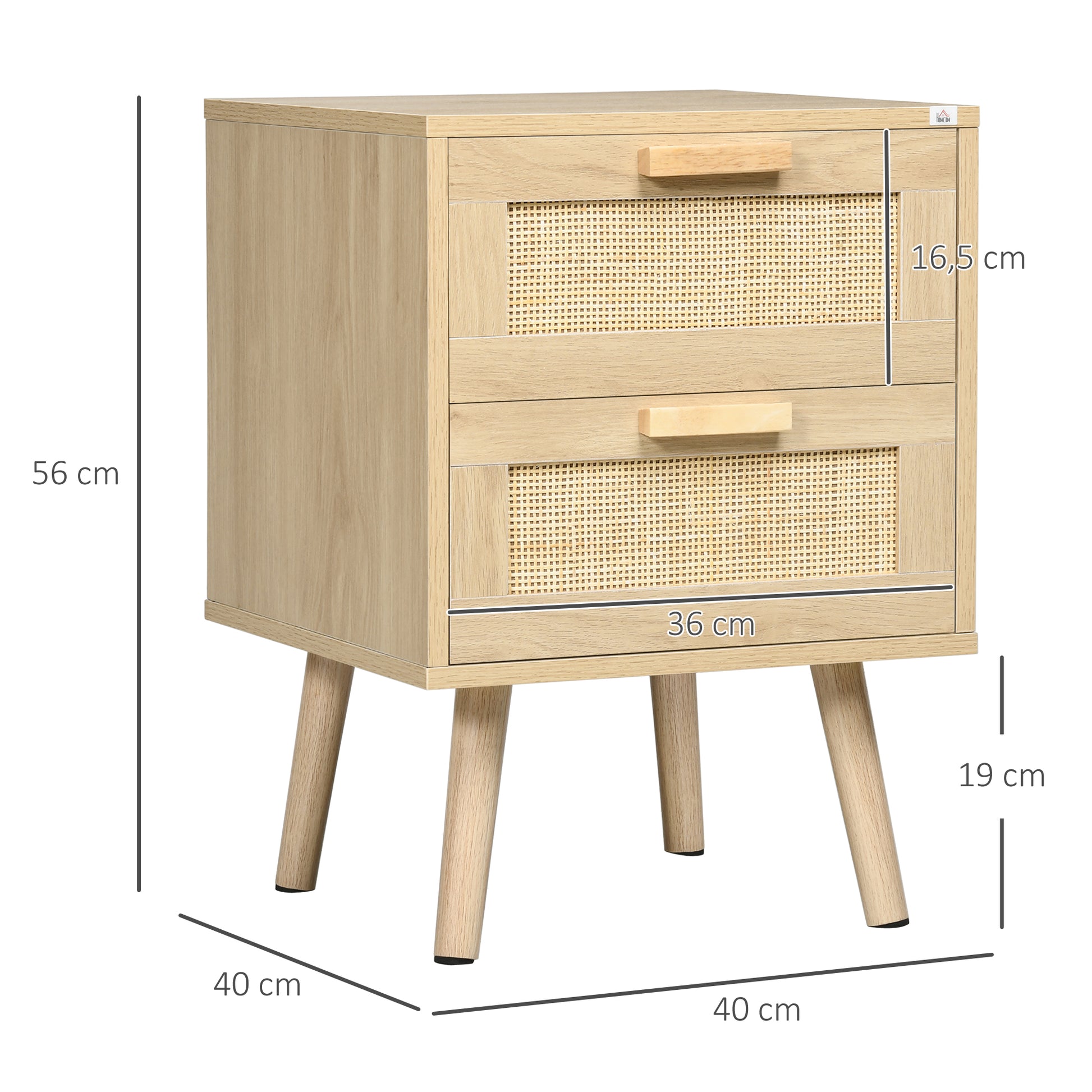 Set of 2 Bedside Tables, Side Tables, 2 Drawers with Rattan-Style Fronts, Bohemian Style, Nightstands, Natural Pine Wood Legs