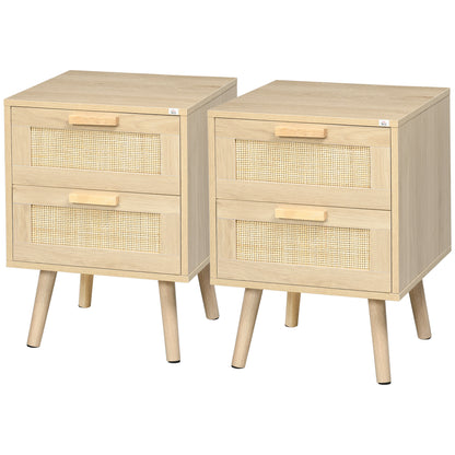 Set of 2 Bedside Tables, Side Tables, 2 Drawers with Rattan-Style Fronts, Bohemian Style, Nightstands, Natural Pine Wood Legs