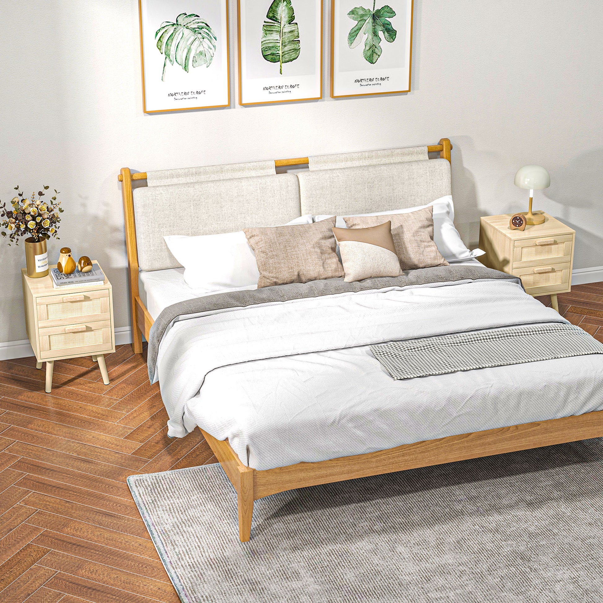 Set of 2 Bedside Tables, Side Tables, 2 Drawers with Rattan-Style Fronts, Bohemian Style, Nightstands, Natural Pine Wood Legs
