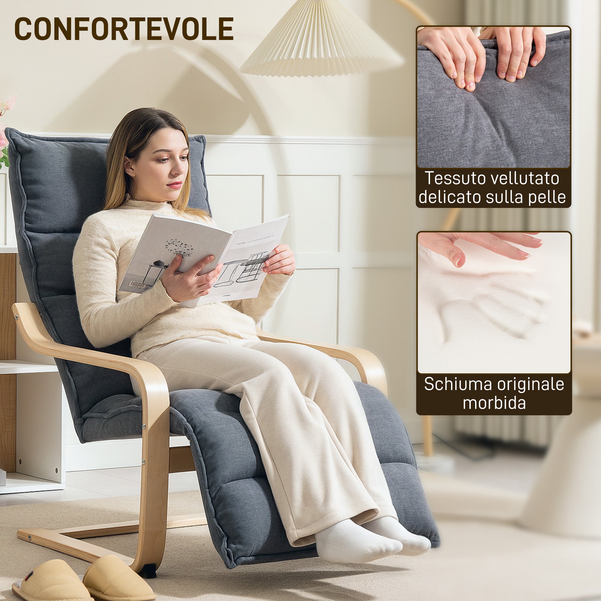 Dark Grey Wooden Bedroom Relax Armchair with Velvet Upholstery, Adjustable Footrest, Modern Design for Living Room and Lounge