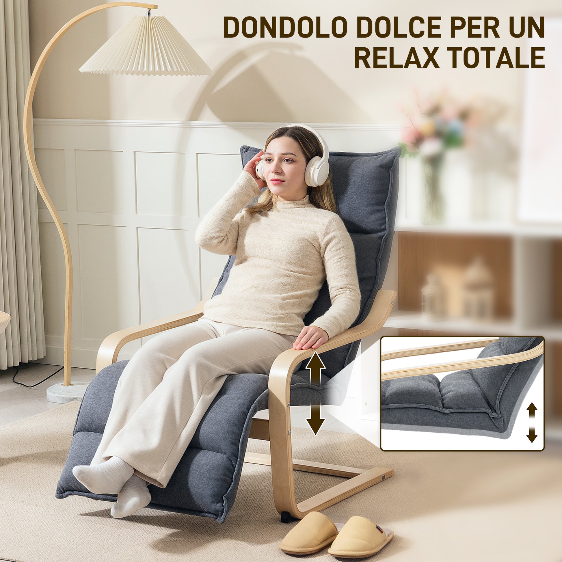 Dark Grey Wooden Bedroom Relax Armchair with Velvet Upholstery, Adjustable Footrest, Modern Design for Living Room and Lounge