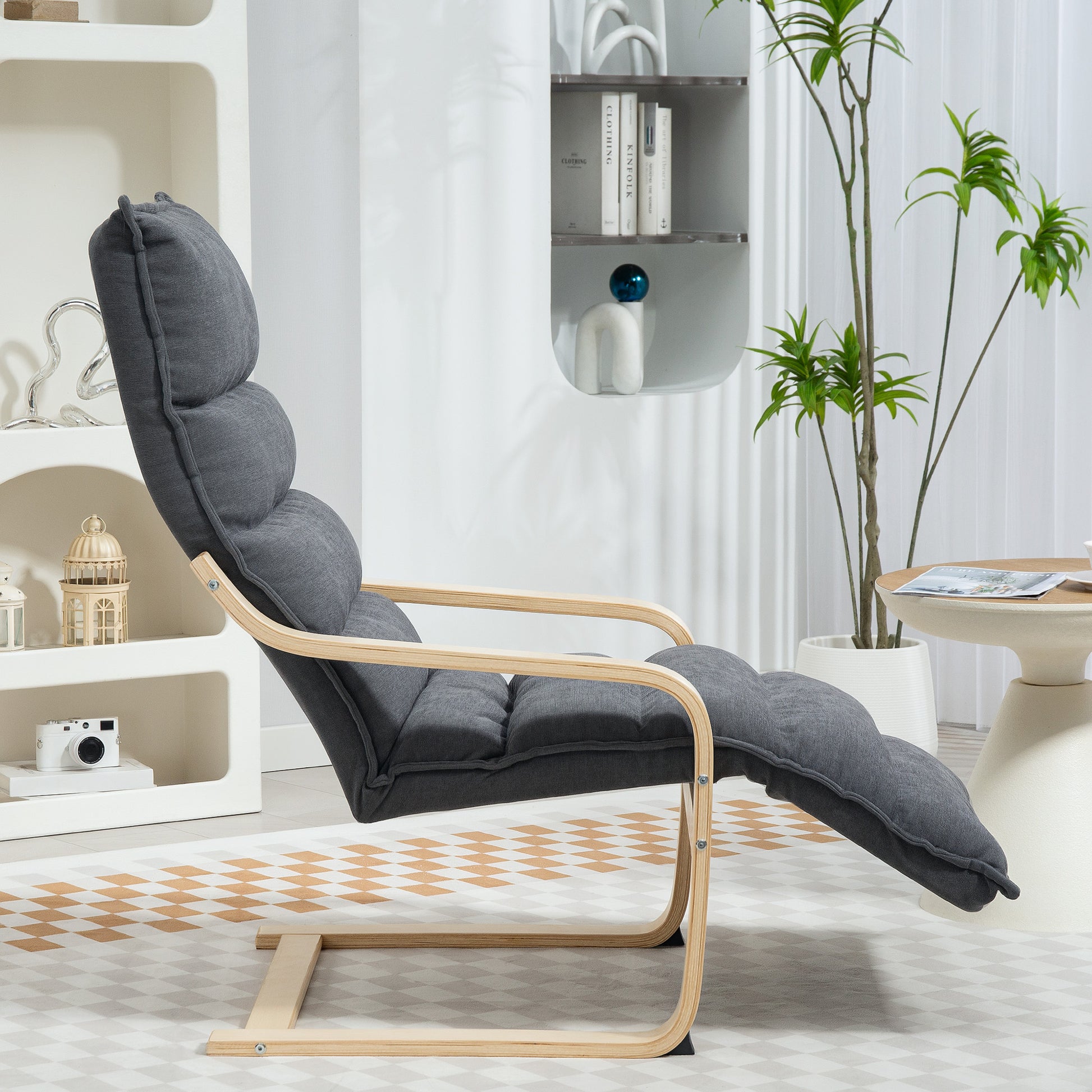 Dark Grey Wooden Bedroom Relax Armchair with Velvet Upholstery, Adjustable Footrest, Modern Design for Living Room and Lounge