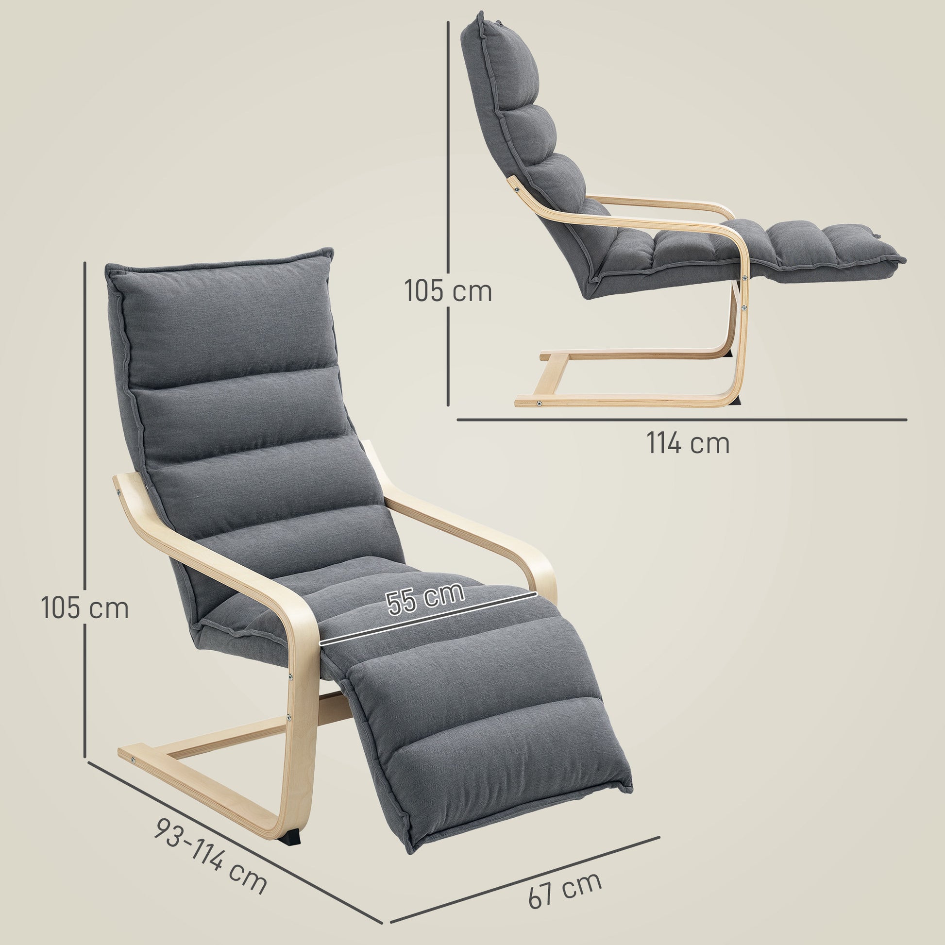 Dark Grey Wooden Bedroom Relax Armchair with Velvet Upholstery, Adjustable Footrest, Modern Design for Living Room and Lounge