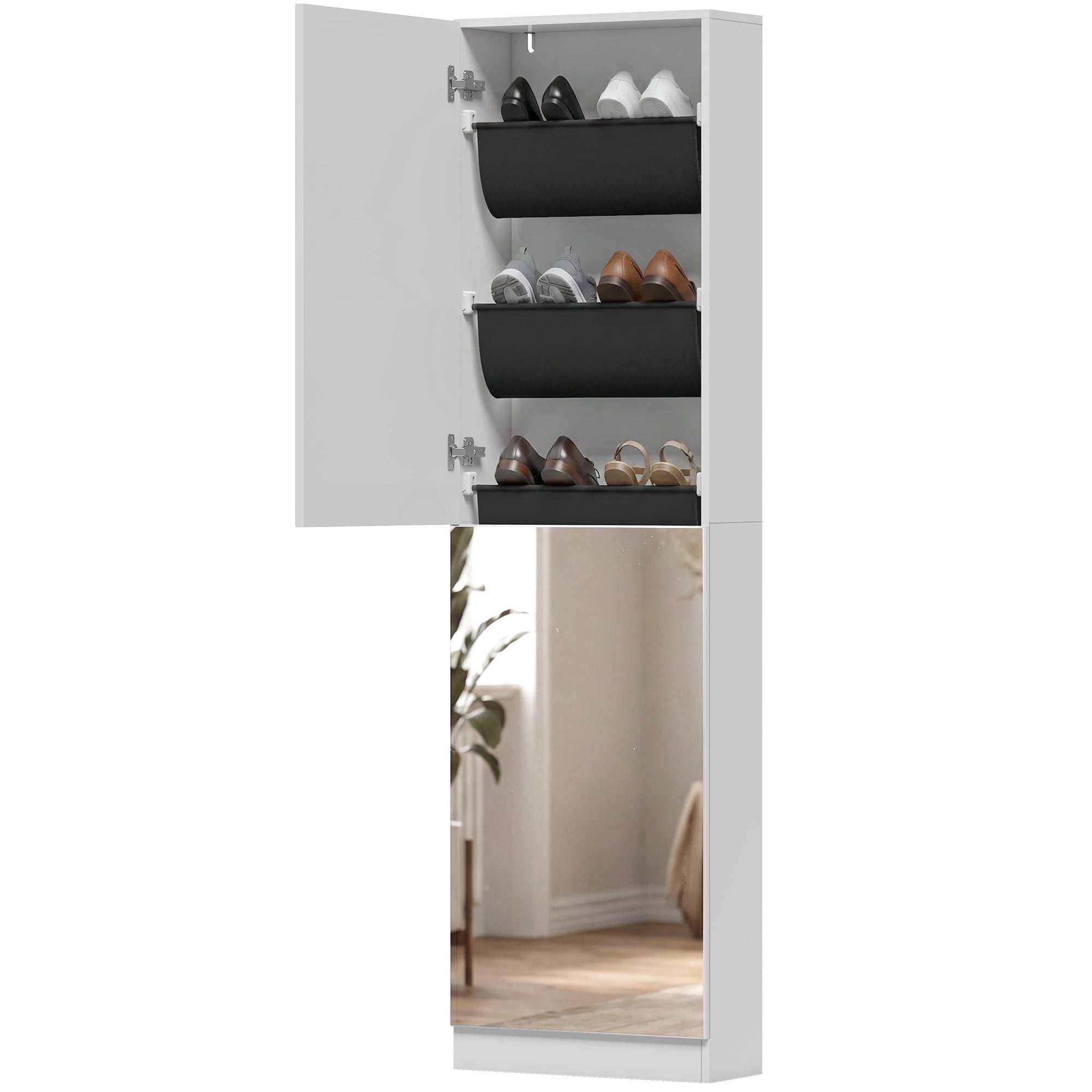 Slim Space-Saving Shoe Cabinet with Full-Length Mirror, 5 Fabric Shelves, Reversible Doors, Soft-Close, Holds 12 Pairs, 19.7 x 7.9 x 70.9 in, White