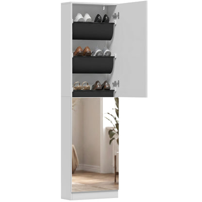 Slim Space-Saving Shoe Cabinet with Full-Length Mirror, 5 Fabric Shelves, Reversible Doors, Soft-Close, Holds 12 Pairs, 19.7 x 7.9 x 70.9 in, White
