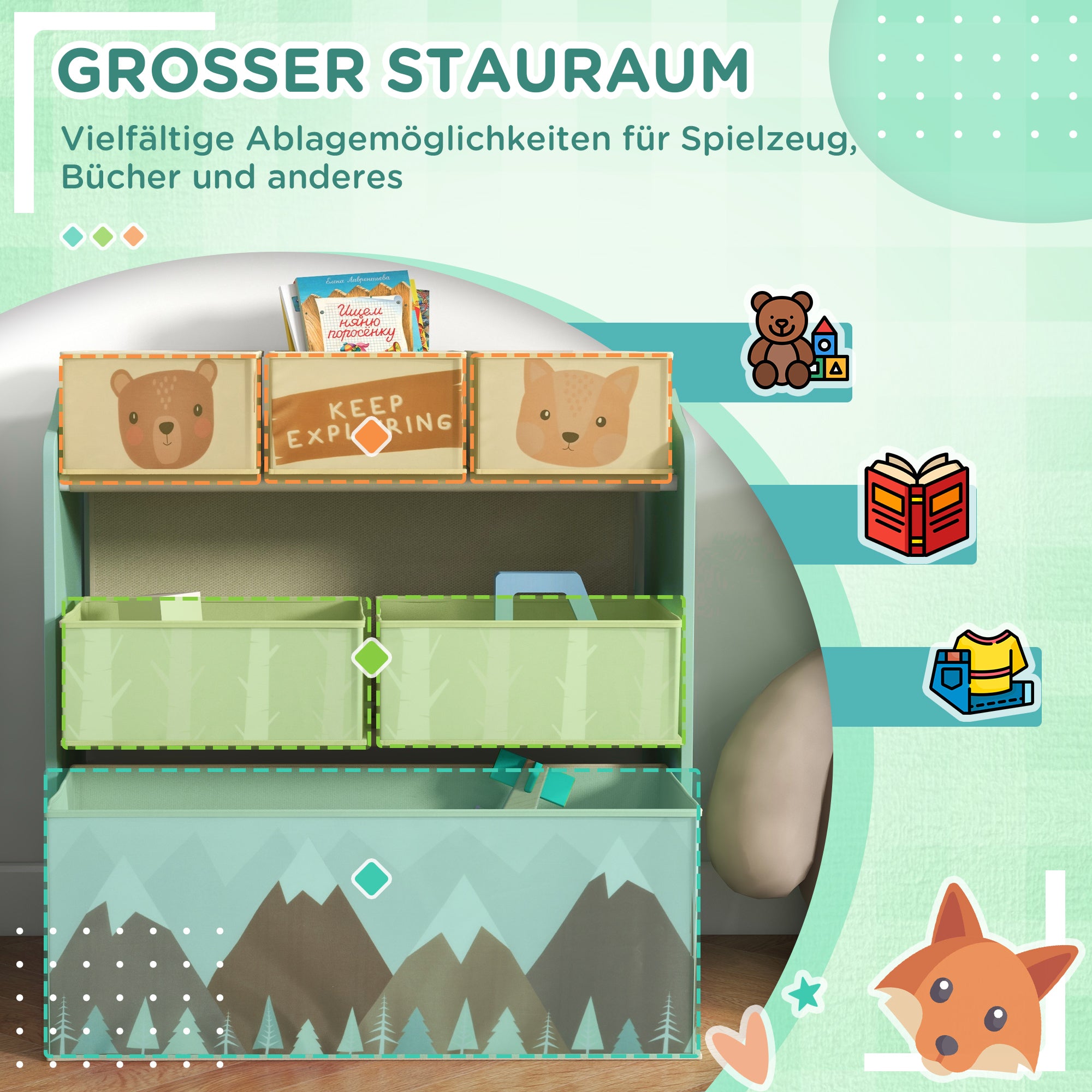 ZONEKIZ Children's Shelf with 6 Removable Storage Boxes, Toy Shelf, Bookshelf, Storage Shelf Children's Room Shelf for Children's Room 63 x 30 x 66 cm, Green