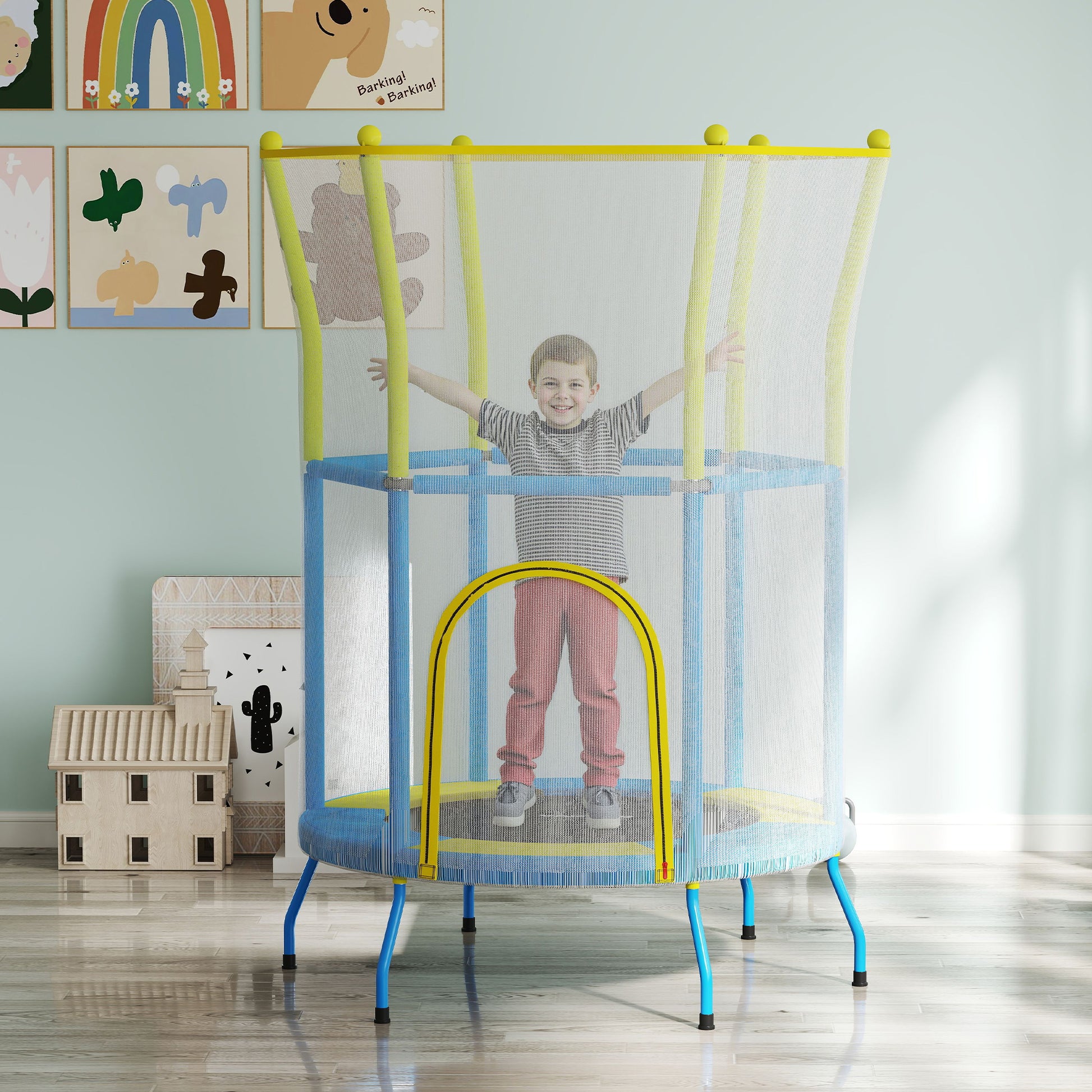 Children's Trampoline Ø140x190 cm Kids Trampoline for 3-6 Year Olds with Safety Net Padded Bars 45 kg Load Capacity for Indoor Use Multicolor