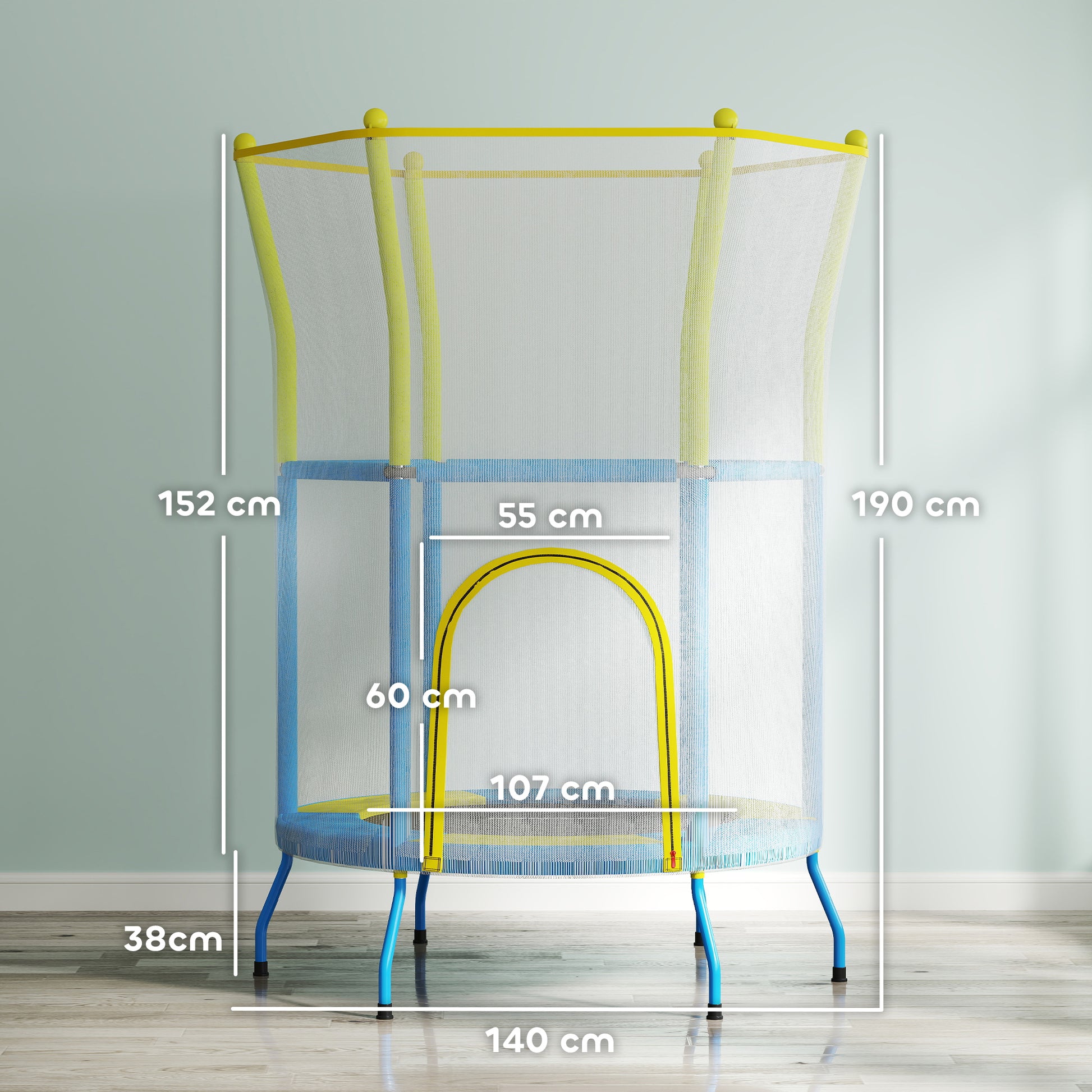 Children's Trampoline Ø140x190 cm Kids Trampoline for 3-6 Year Olds with Safety Net Padded Bars 45 kg Load Capacity for Indoor Use Multicolor
