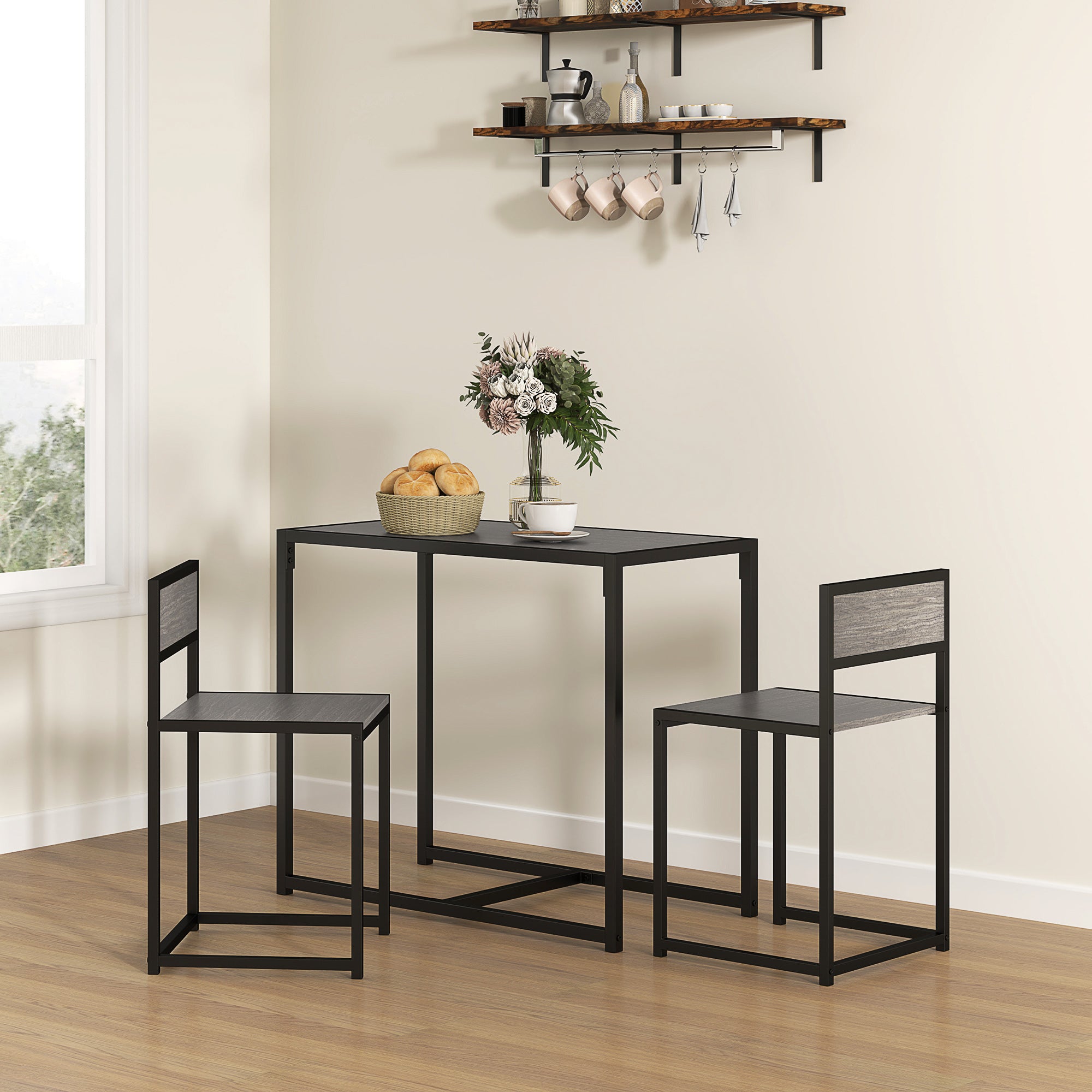 Space-Saving 3-Piece Dining Set — Rectangular Table with 2 Chairs, Gray