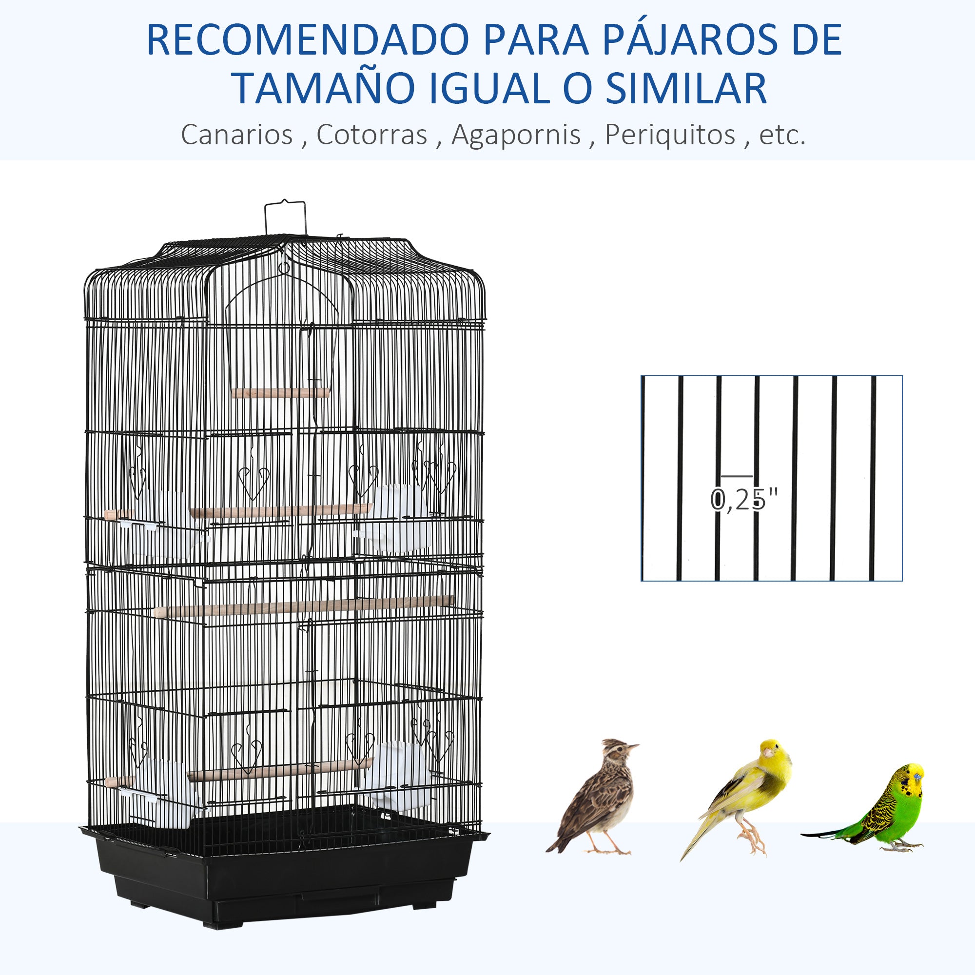Bird Cage 46.5x35.5x92 cm Metal Birdcage with 4 Feeders 3 Perches Swing Removable Tray and Transport Handle for Parrot Canary Lovebird Black