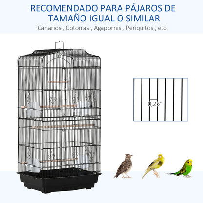 Bird Cage 46.5x35.5x92 cm Metal Birdcage with 4 Feeders 3 Perches Swing Removable Tray and Transport Handle for Parrot Canary Lovebird Black