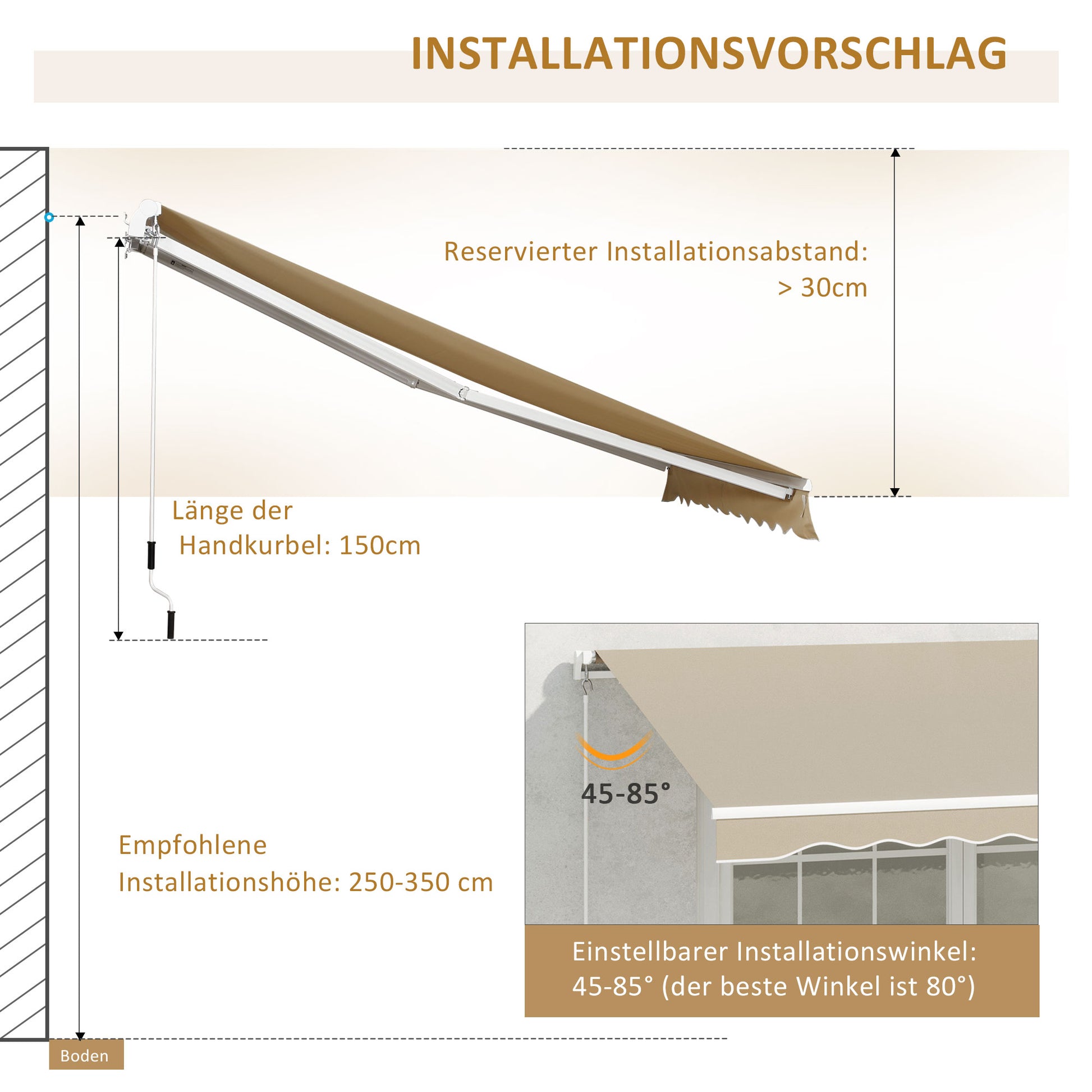Manual Retractable Cassette Awning Awning 3.95m with Hand Crank Balcony Awning Sunshade Wall Mount Balcony Aluminum White+Beige 395 x 245 cm