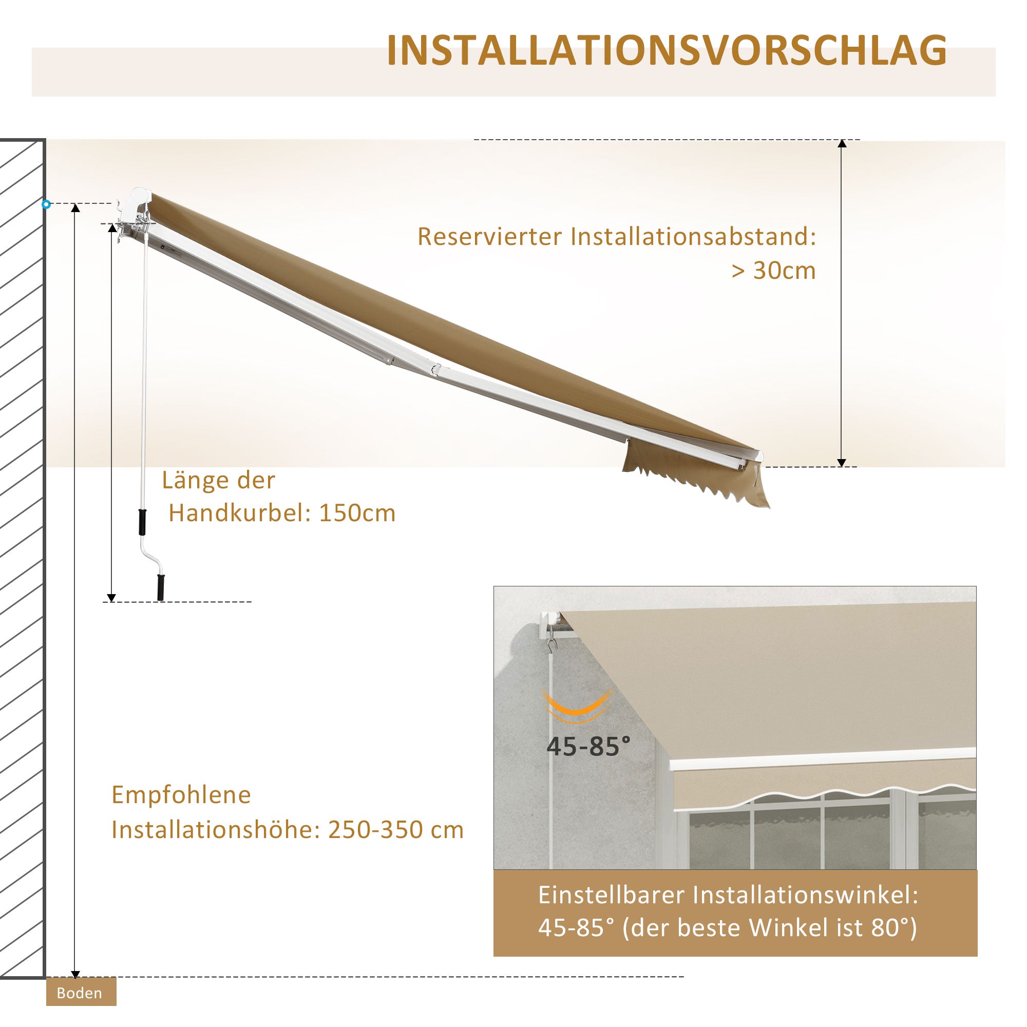 Manual Retractable Cassette Awning Awning 3.95m with Hand Crank Balcony Awning Sunshade Wall Mount Balcony Aluminum White+Beige 395 x 245 cm