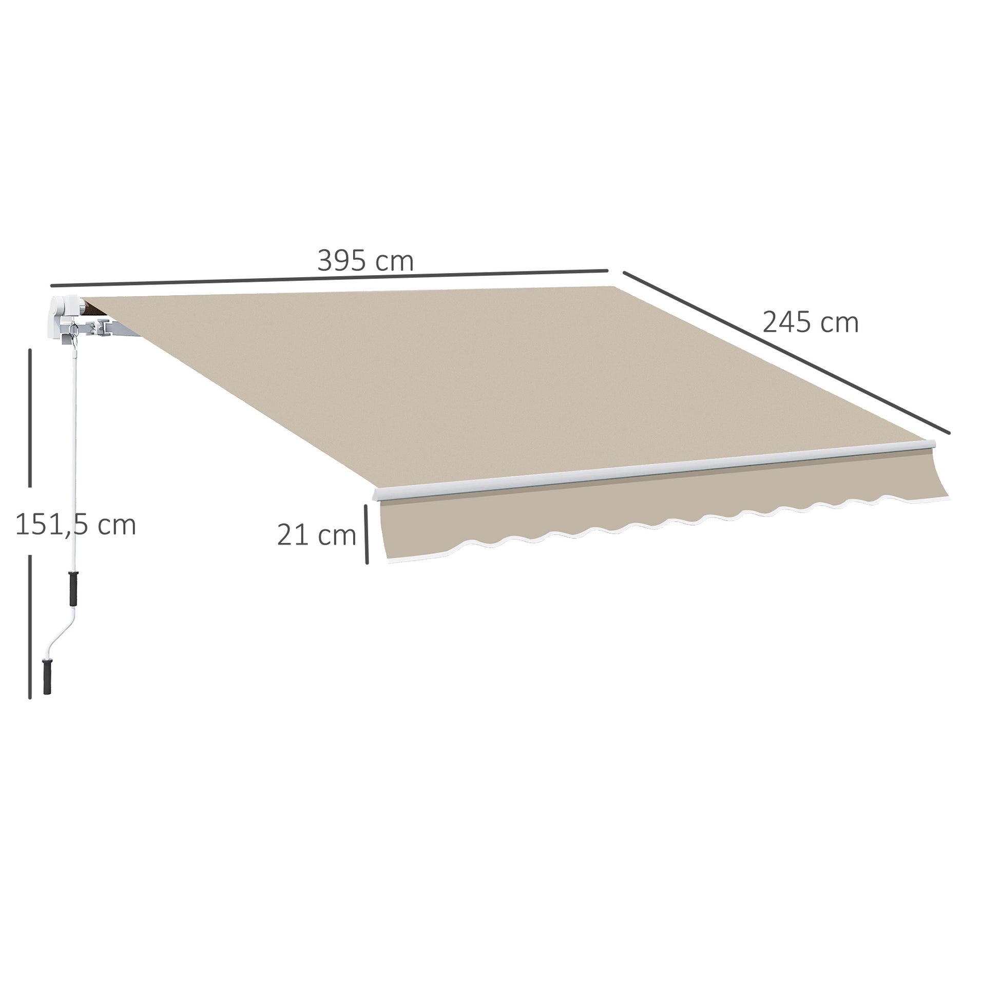 Manual Retractable Cassette Awning Awning 3.95m with Hand Crank Balcony Awning Sunshade Wall Mount Balcony Aluminum White+Beige 395 x 245 cm
