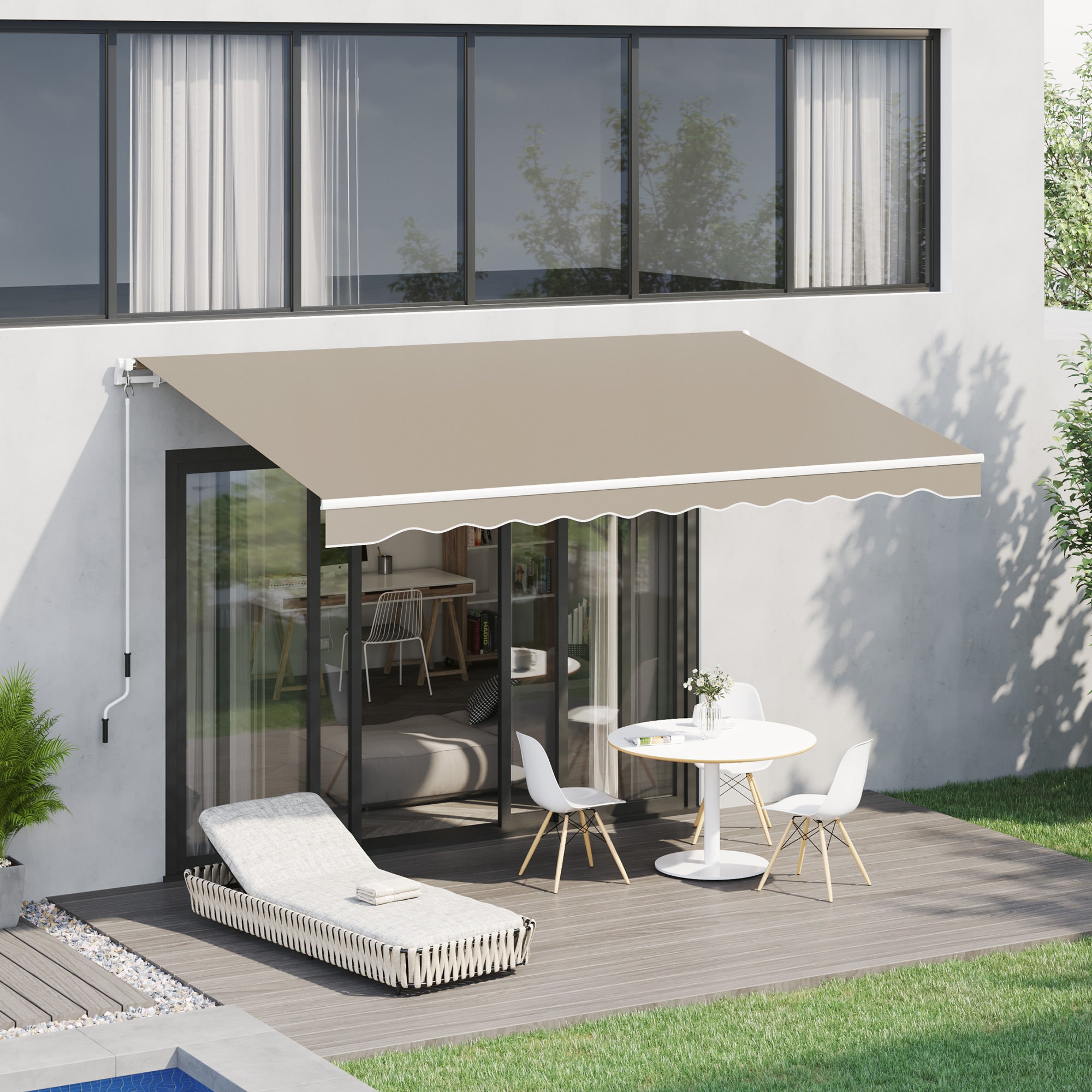 Manual Retractable Cassette Awning Awning 3.95m with Hand Crank Balcony Awning Sunshade Wall Mount Balcony Aluminum White+Beige 395 x 245 cm