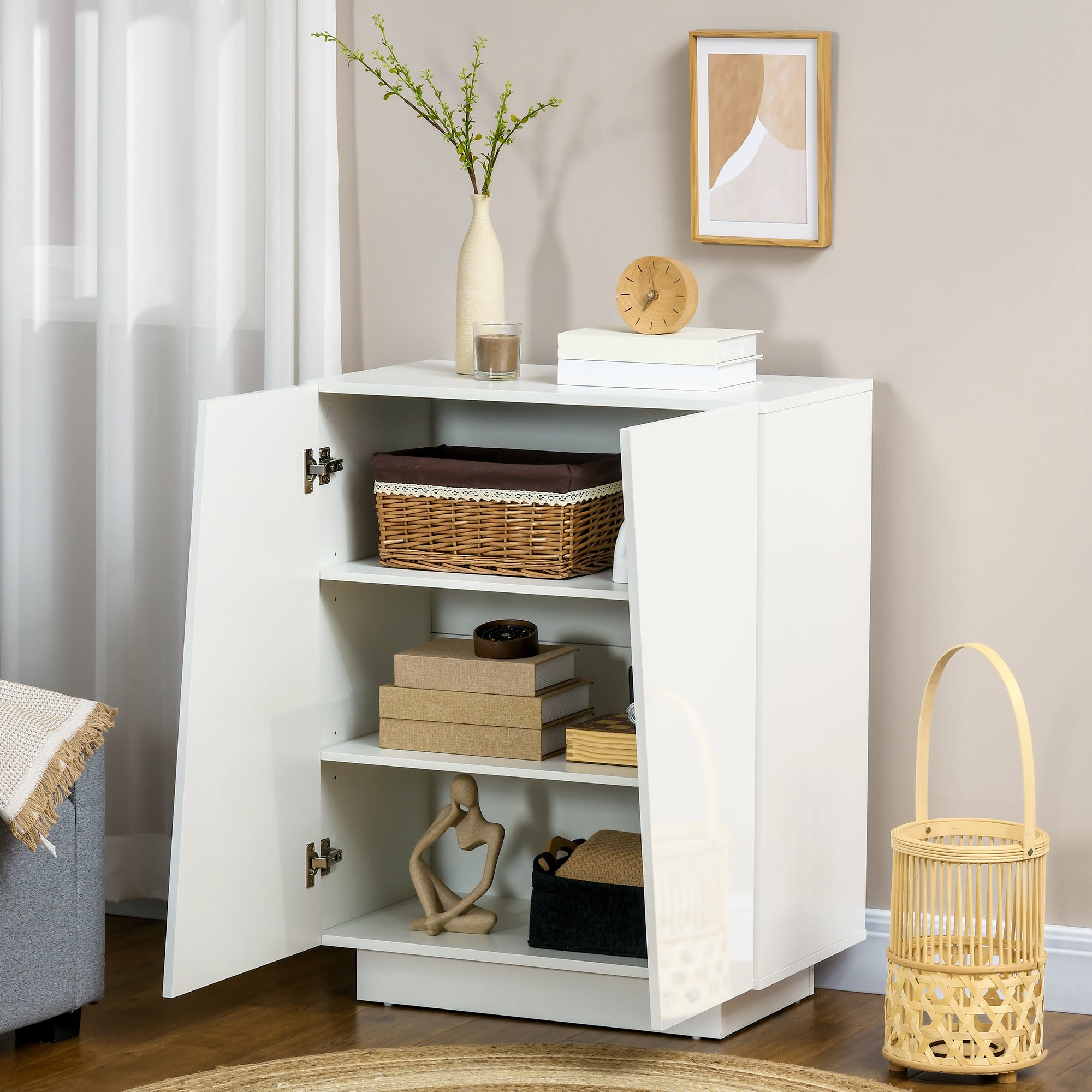 White Living Room Sideboard with 2 High Gloss Doors and Adjustable Shelves for Bedroom Kitchen Dining Room Hallway 70x40x88 cm