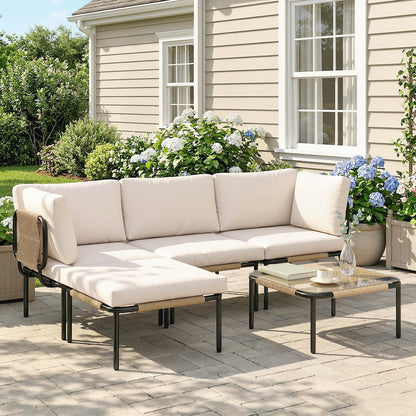 PE Rattan 5-Piece Garden Furniture Set – Modular L-Shaped Lounge with 3 Chairs, Glass Table, Ottoman & Removable Cushions, Khaki