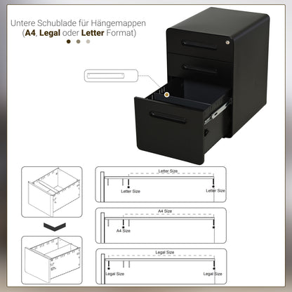 Mobile File Cabinet with 3 Drawers, Lockable Office Cabinet with Hanging File Drawer, Storage, Steel, 39 x 48 x 59 cm Black