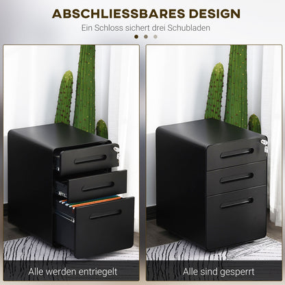 Mobile File Cabinet with 3 Drawers, Lockable Office Cabinet with Hanging File Drawer, Storage, Steel, 39 x 48 x 59 cm Black