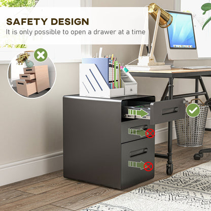 Mobile File Cabinet with 3 Drawers, Lockable Office Cabinet with Hanging File Drawer, Storage, Steel, 39 x 48 x 59 cm Black