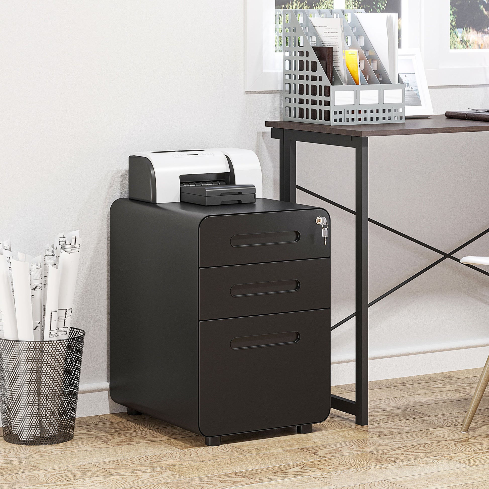 Mobile File Cabinet with 3 Drawers, Lockable Office Cabinet with Hanging File Drawer, Storage, Steel, 39 x 48 x 59 cm Black