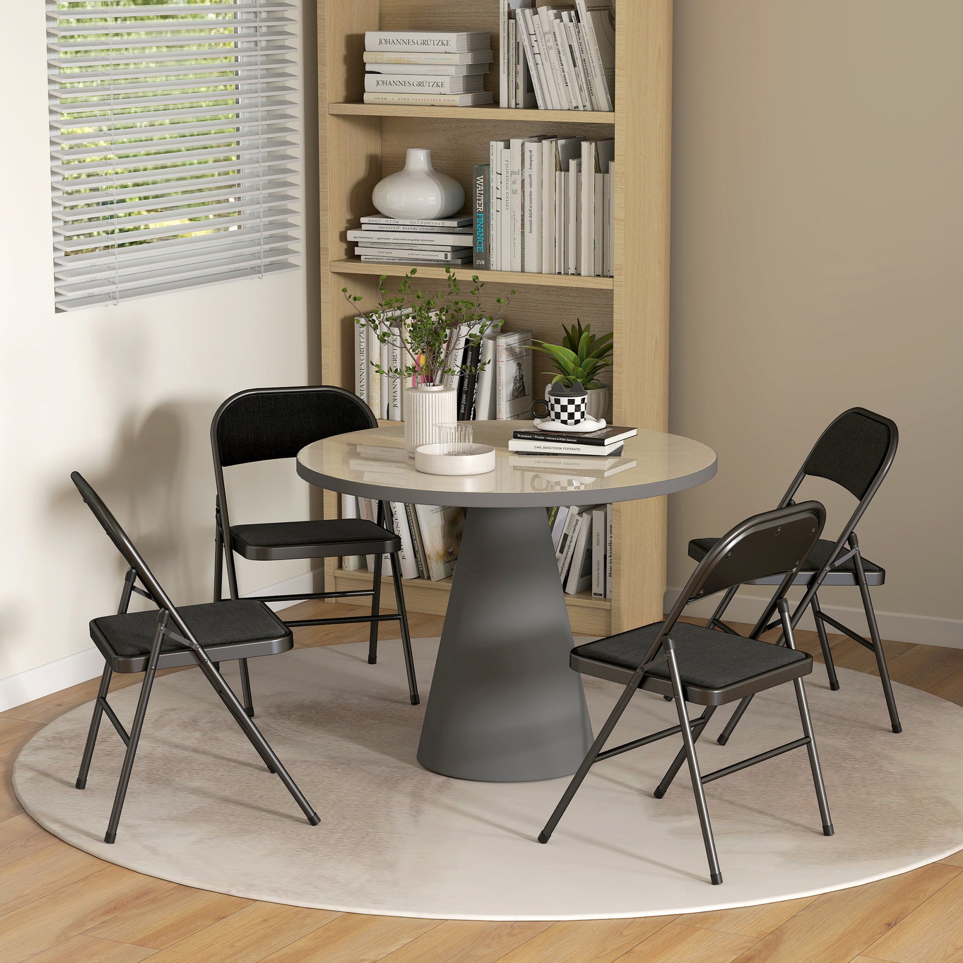 Set of 4 Folding Chairs, Portable Office Chairs with Cushions, Linen Look, Steel Legs, Foldable Chair for Office Reception Waiting Room, Black