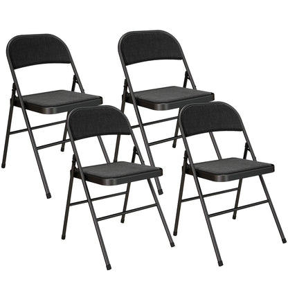 Set of 4 Folding Chairs, Portable Office Chairs with Cushions, Linen Look, Steel Legs, Foldable Chair for Office Reception Waiting Room, Black