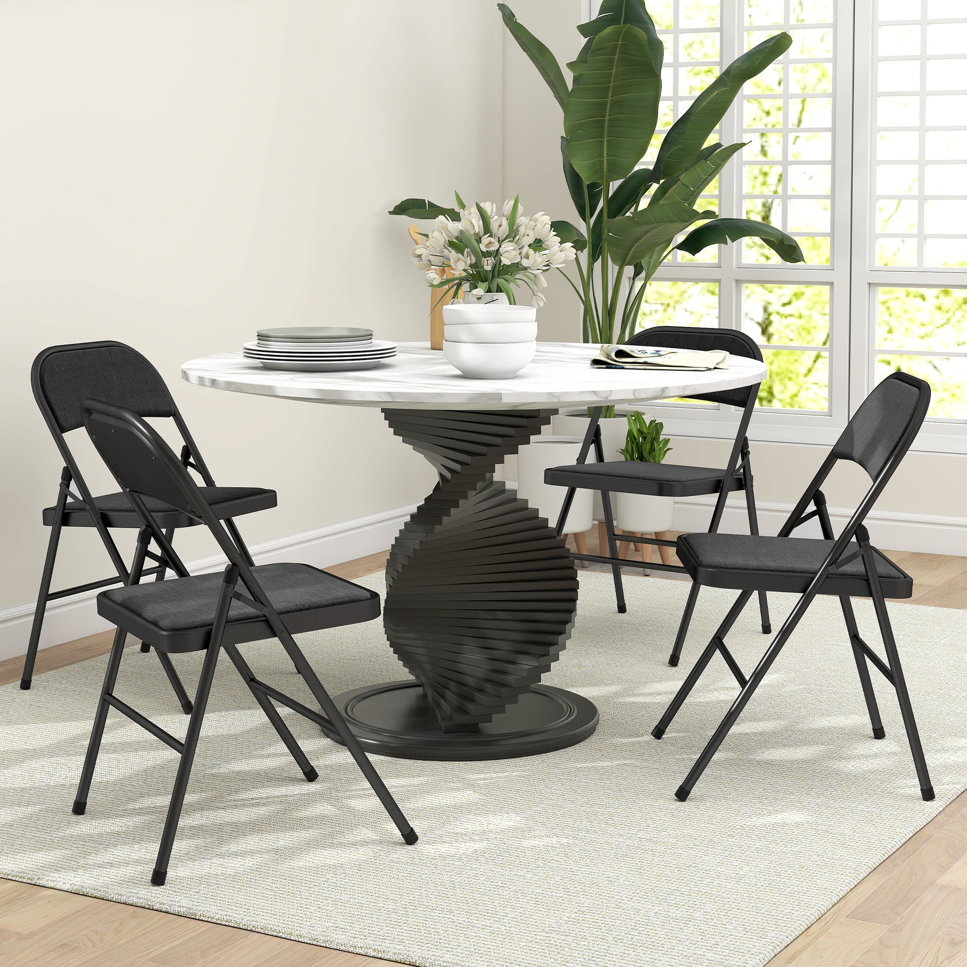 Set of 4 Folding Chairs, Portable Office Chairs with Cushions, Linen Look, Steel Legs, Foldable Chair for Office Reception Waiting Room, Black