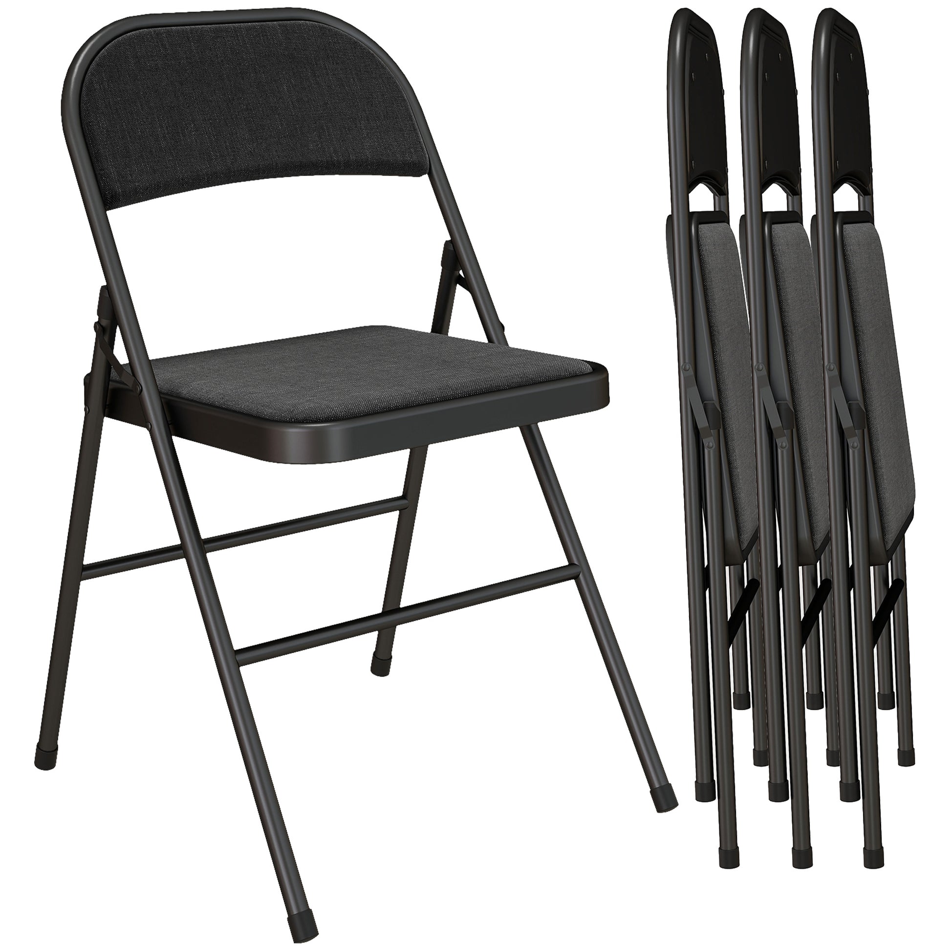 Set of 4 Folding Chairs, Portable Office Chairs with Cushions, Linen Look, Steel Legs, Foldable Chair for Office Reception Waiting Room, Black