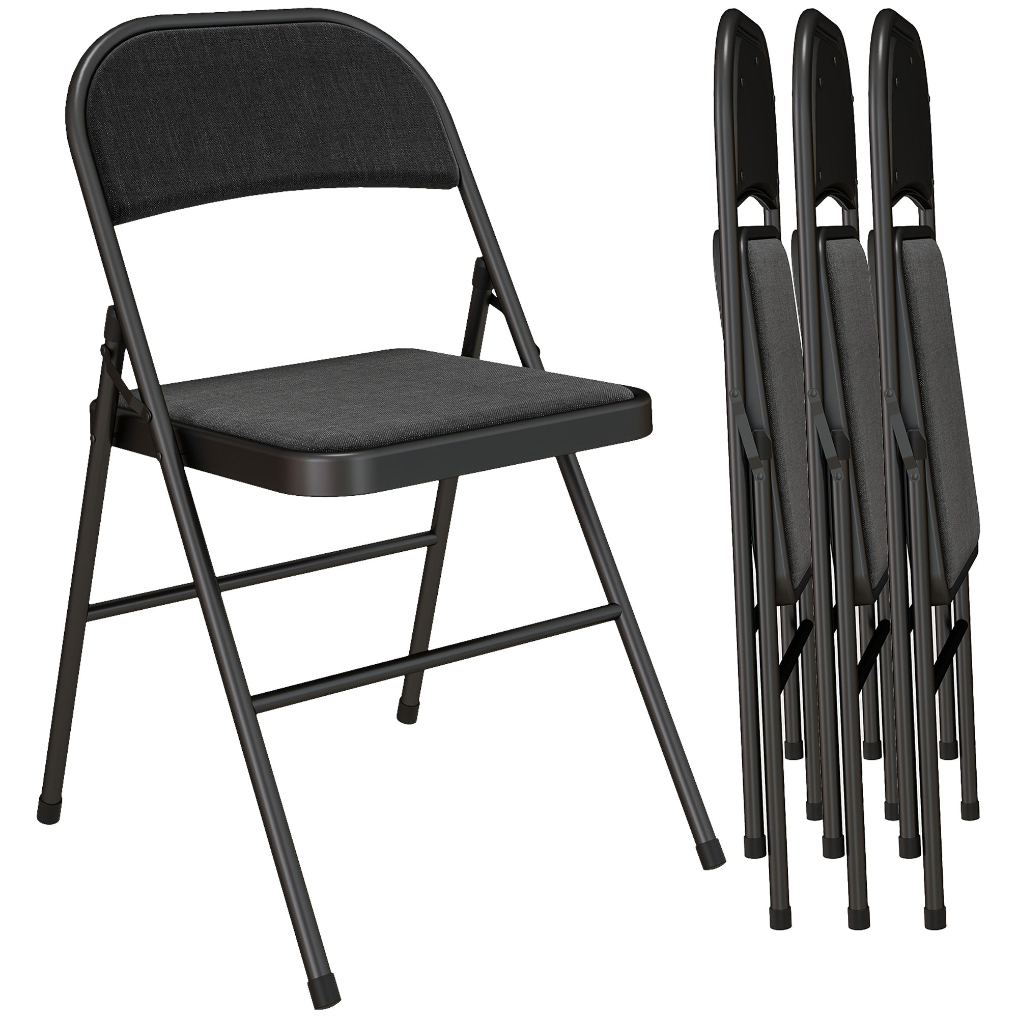 Set of 4 Folding Chairs, Portable Office Chairs with Cushions, Linen Look, Steel Legs, Foldable Chair for Office Reception Waiting Room, Black