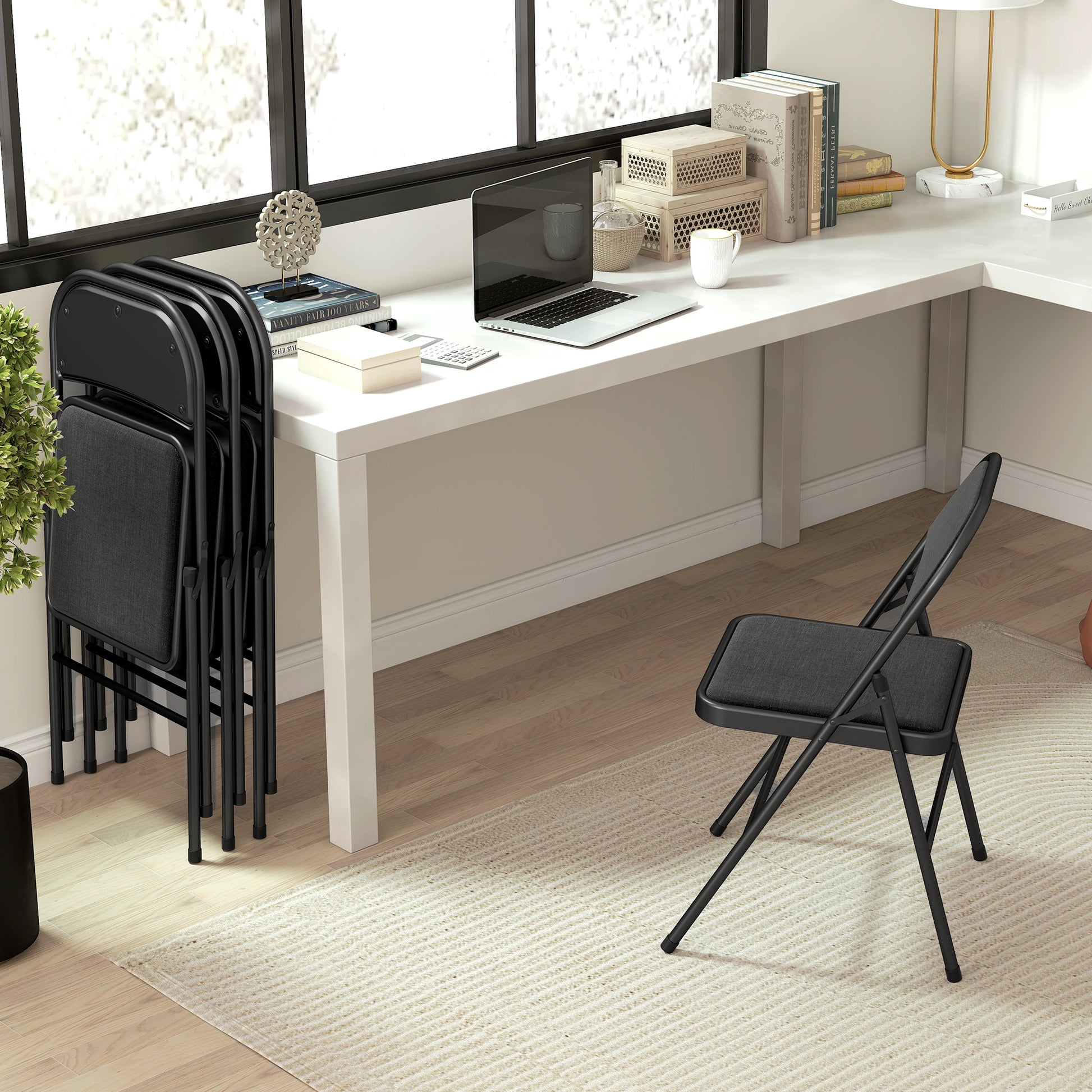 Set of 4 Folding Chairs, Portable Office Chairs with Cushions, Linen Look, Steel Legs, Foldable Chair for Office Reception Waiting Room, Black