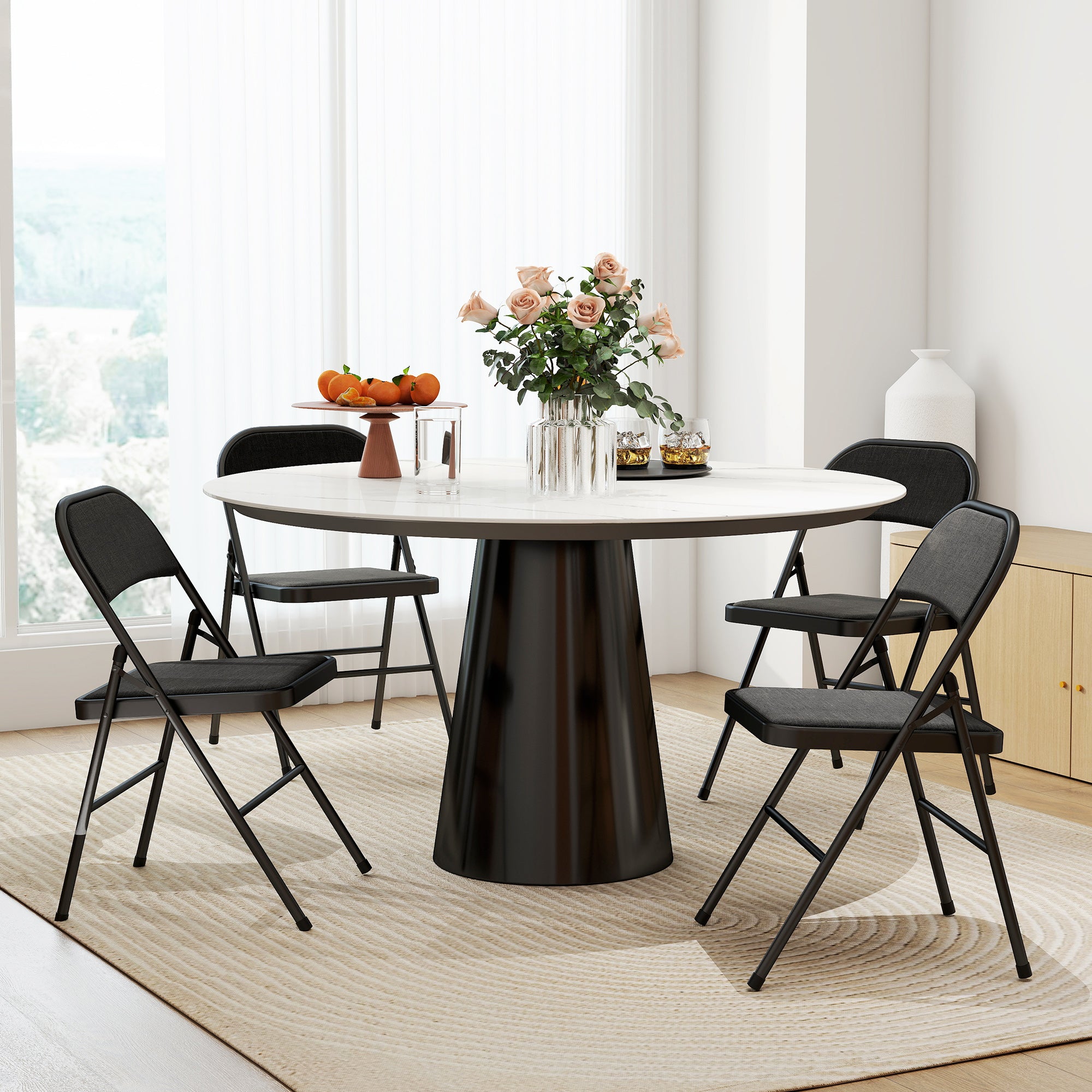 Set of 4 Folding Chairs, Portable Office Chairs with Cushions, Linen Look, Steel Legs, Foldable Chair for Office Reception Waiting Room, Black