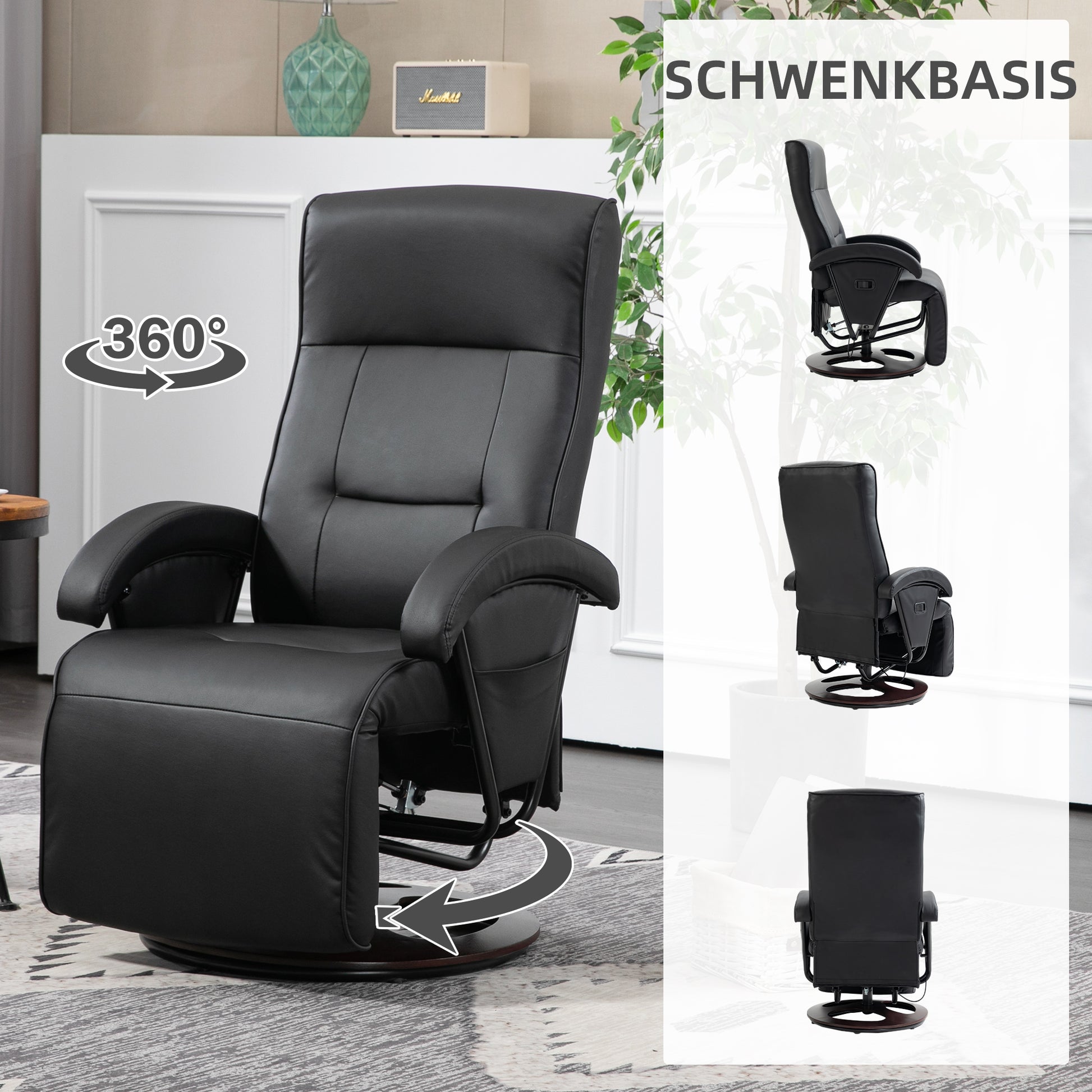 Reclining Armchair Swivel TV Chair with Recline Function, Recliner TV Chair with Adjustable Backrest, Footrest, Lounge Chair for Living Room, Faux Leather, Black